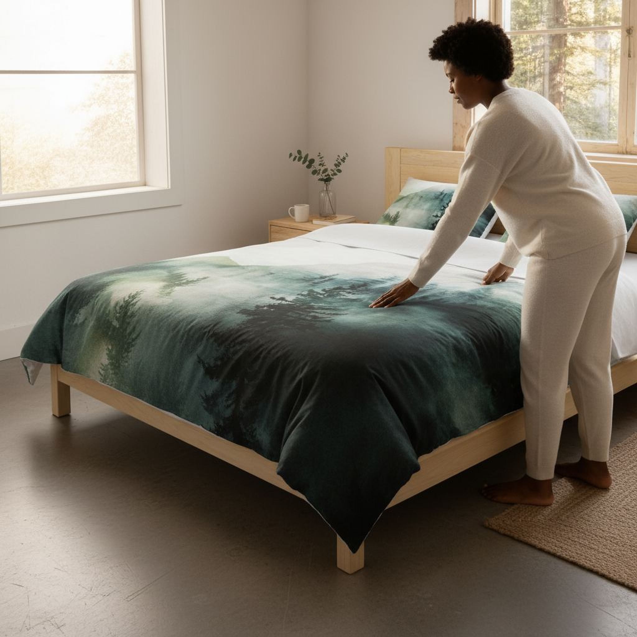 A woman in a white outfit is arranging a bed with a green and blue forest-themed comforter and pillows.