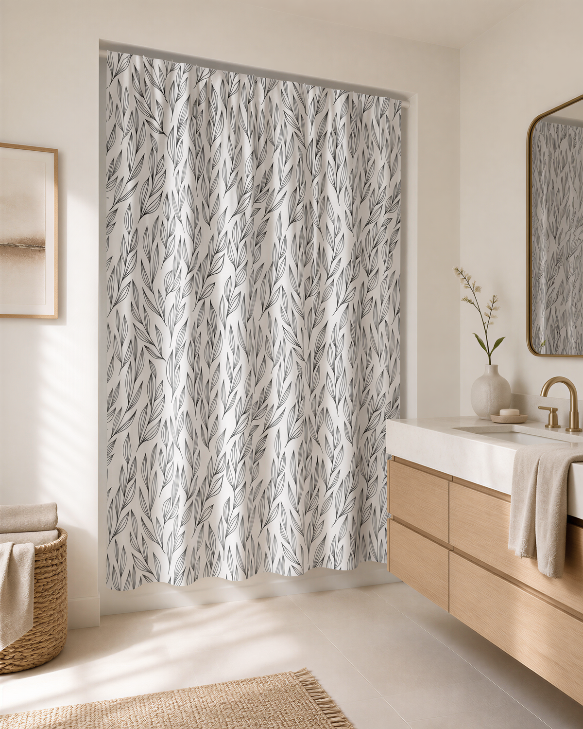 a modern bathroom with a large window, a shower curtain with a leaf pattern, a wooden vanity, and a vase with flowers.