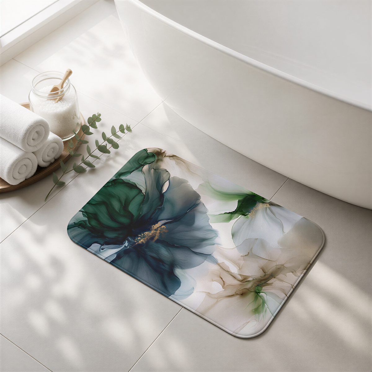 a bath mat with flowers on it next to a bath tub