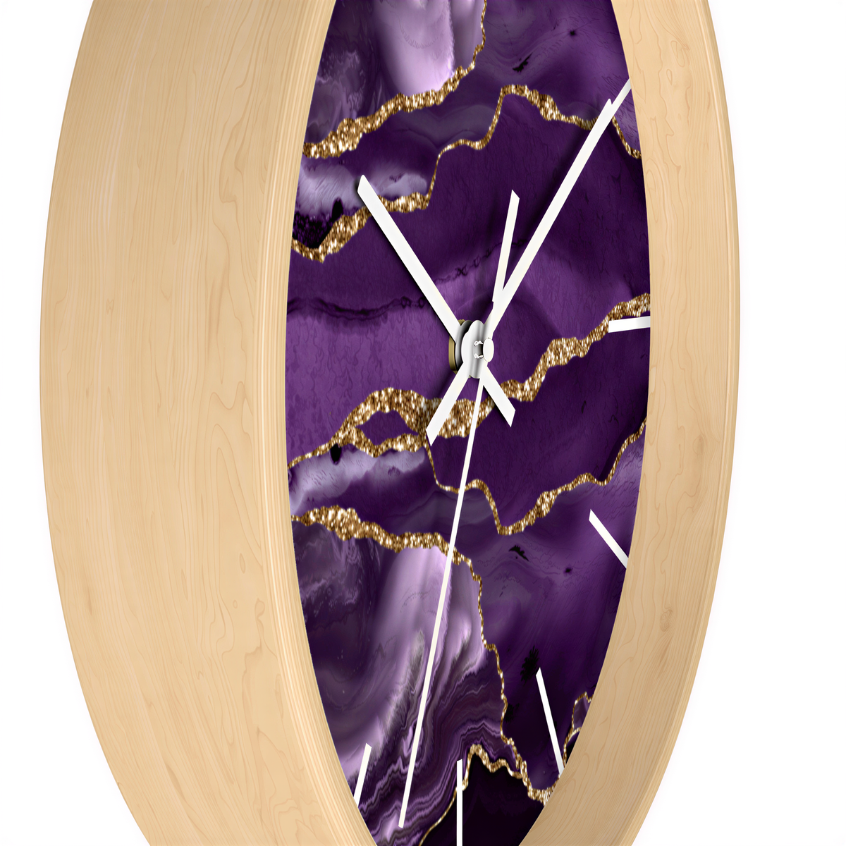 Marble Print Wood Wall Clock Purple Gold angled view
