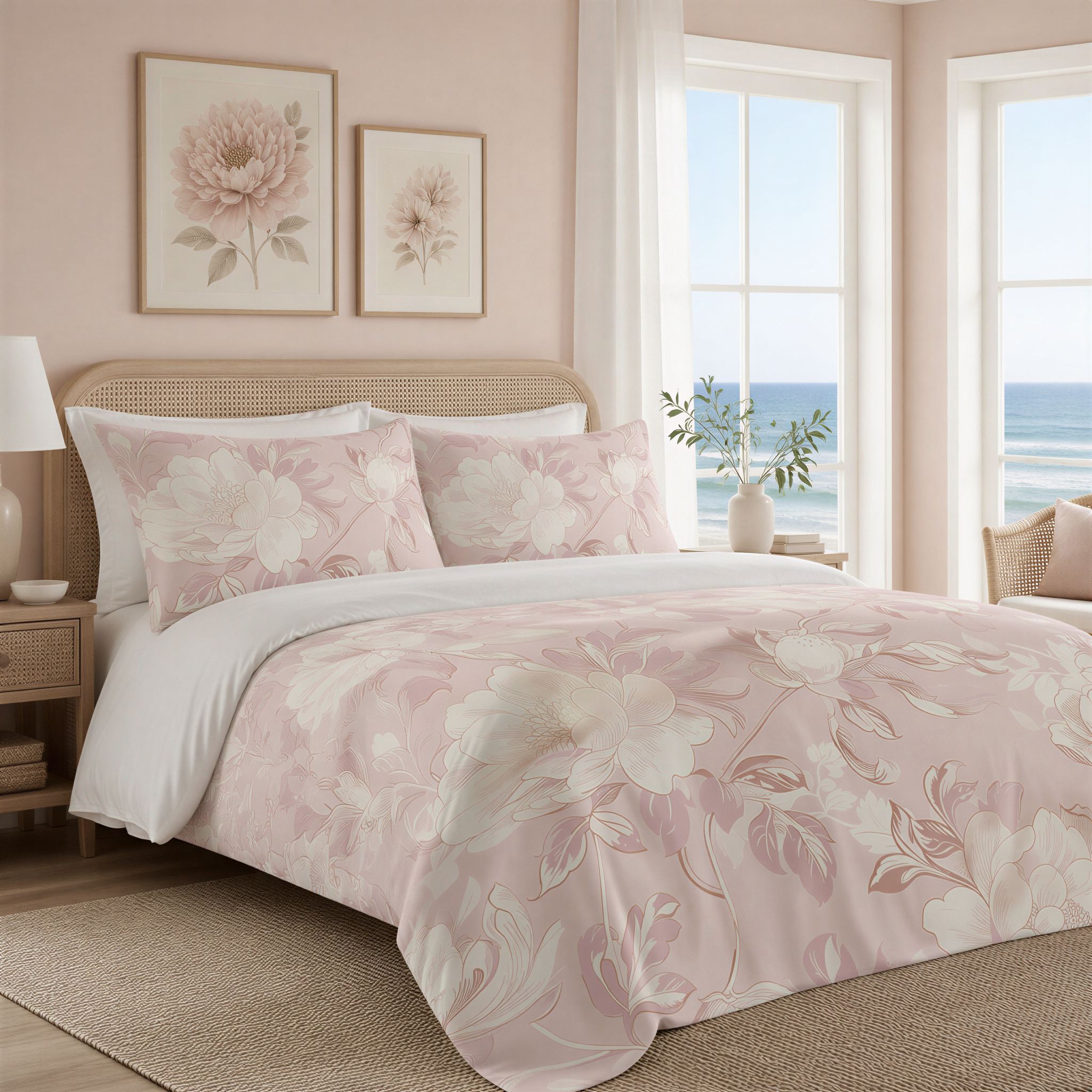 a serene bedroom with a large bed adorned with a pink and white floral comforter and matching pillows. The bed is positioned against a wall with two framed pictures hanging above it. A window with white curtains allows natural light to enter the room, and a vase of flowers can be seen on the windowsill. The overall color scheme of the room is predominantly pink and white, creating a calming and inviting atmosphere.