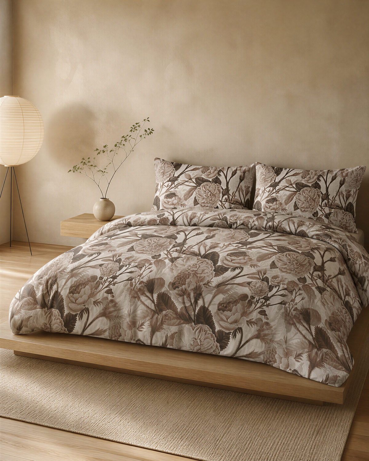 a serene and cozy bedroom scene, featuring a large bed with a floral comforter and pillows, a wooden nightstand with a vase of greenery, and a beige-colored rug on the floor.