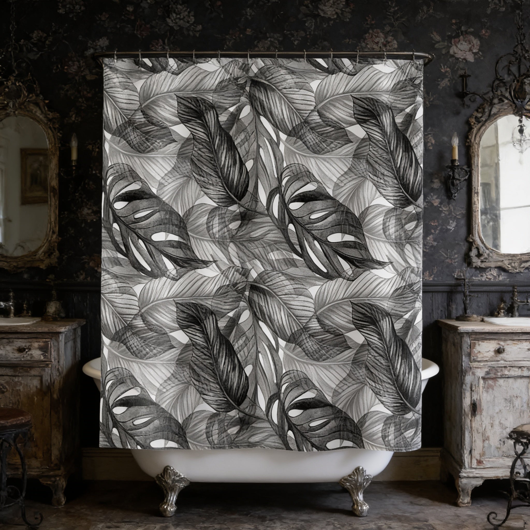 a bathroom with a white clawfoot bathtub, a mirror, and a shower curtain with a leaf pattern.