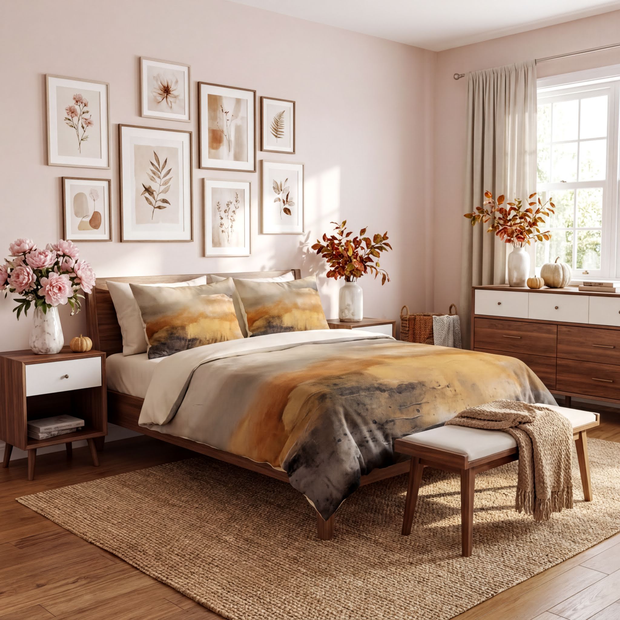 a cozy and inviting bedroom with a large bed, wooden furniture, and a window overlooking the outdoors. The room is decorated with framed artwork on the walls and various potted plants, creating a warm and harmonious atmosphere.
