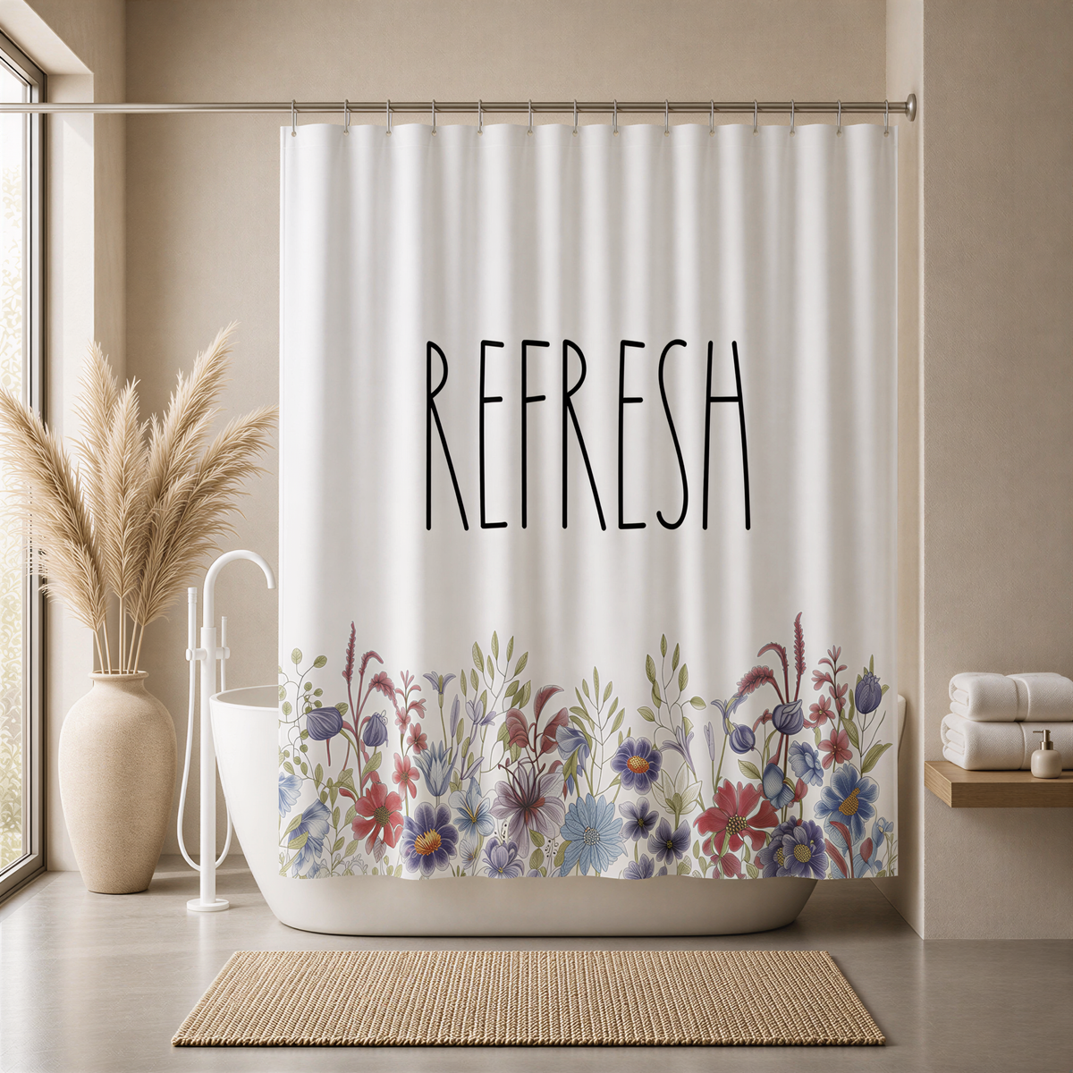 a bathroom with a white bathtub, a shower curtain with a floral design, and a potted plant. The shower curtain has the word "REFRESH" written on it in bold letters.