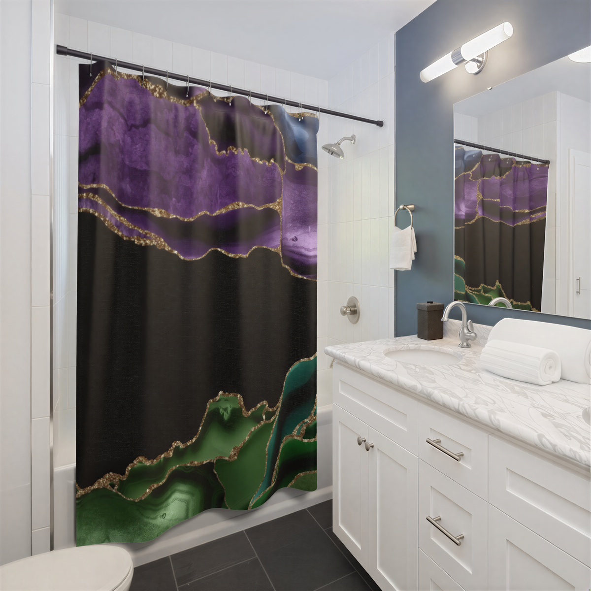 Agate Marble Shower Curtain hanging in a bathroom