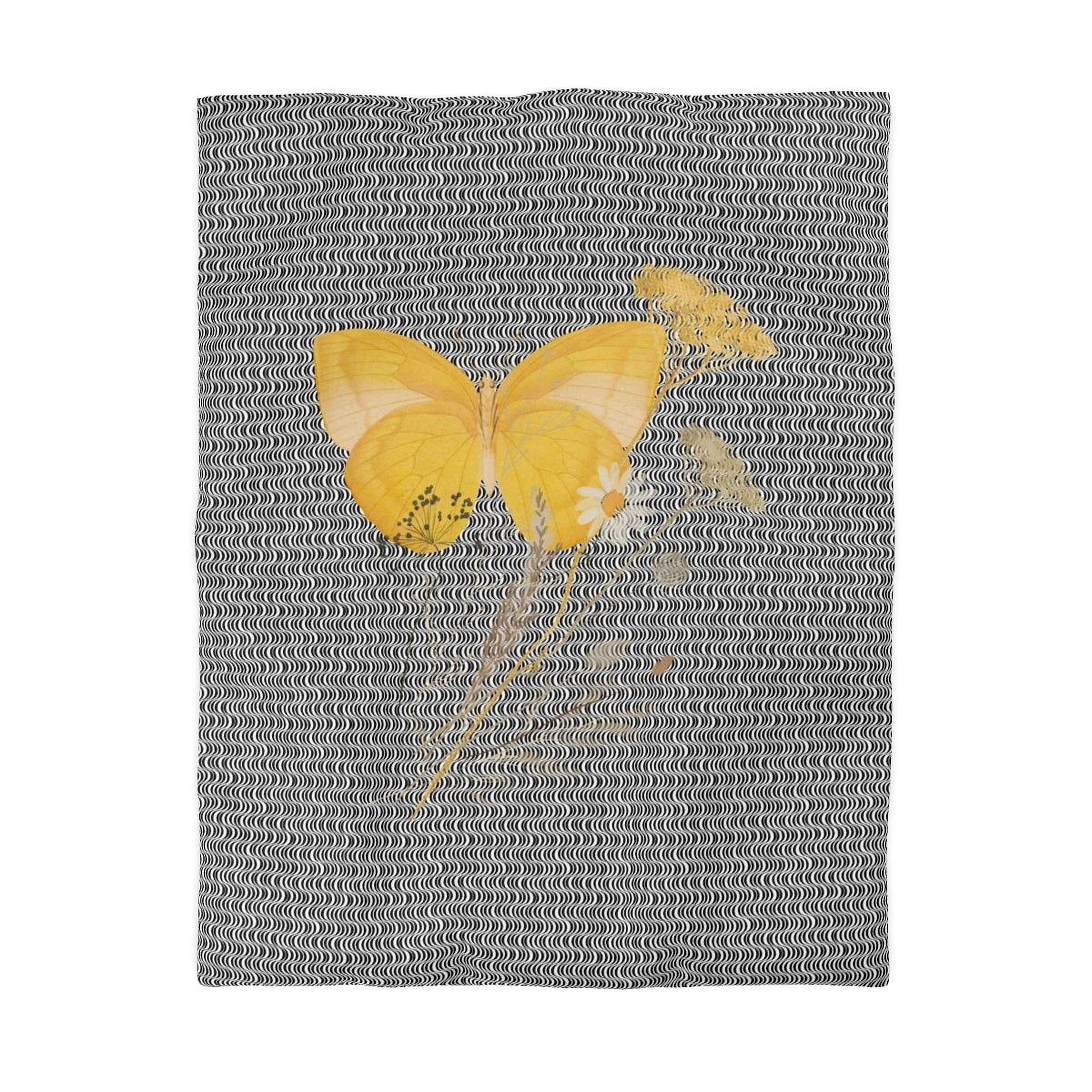 a square with a black and white pattern, and a yellow butterfly is depicted on the pattern.