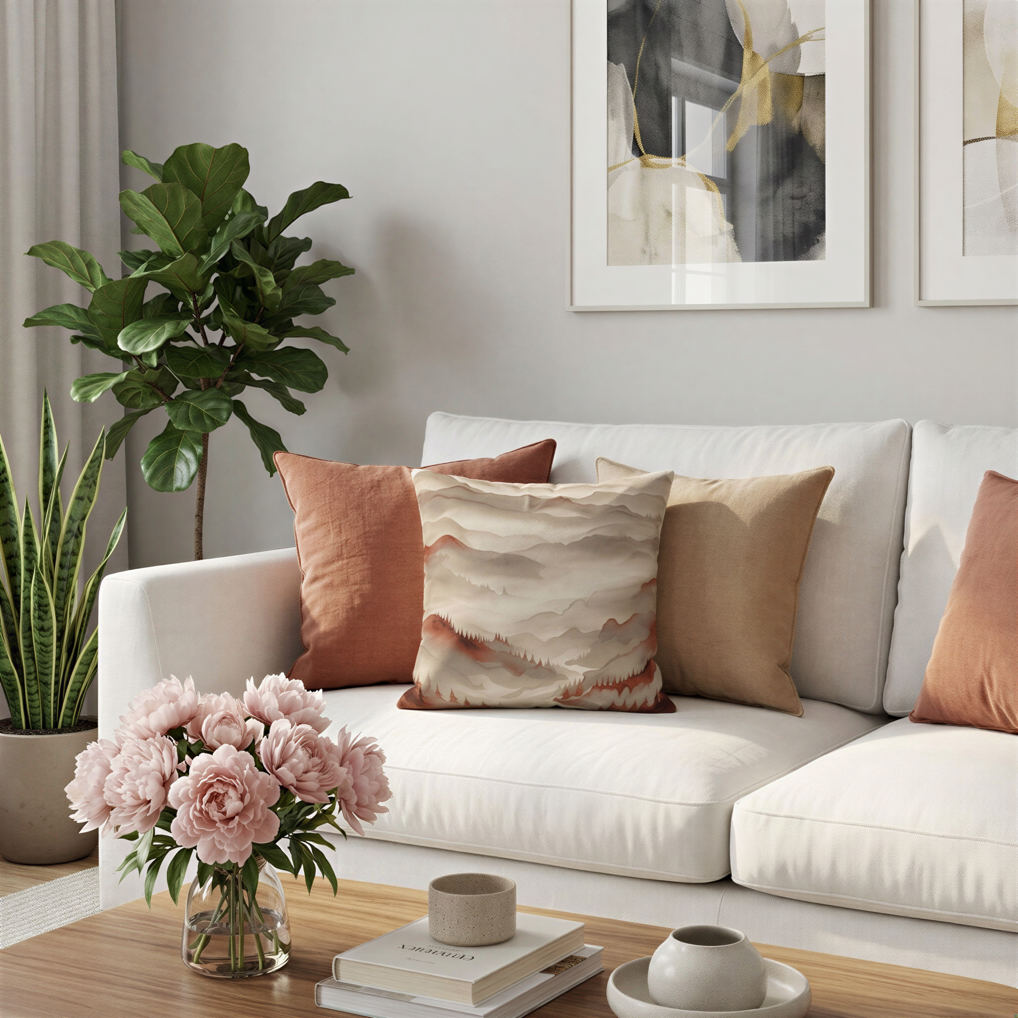 a cozy living room with a white sofa adorned with colorful throw pillows, a vase of pink flowers, and a coffee table with books and a teapot.