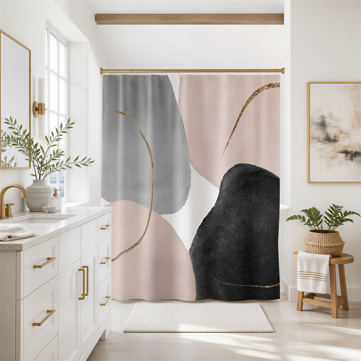 a modern bathroom with a large abstract shower curtain featuring a mix of pink, gray, and black colors. The bathroom is well-decorated with plants, a mirror, and a wooden stool.