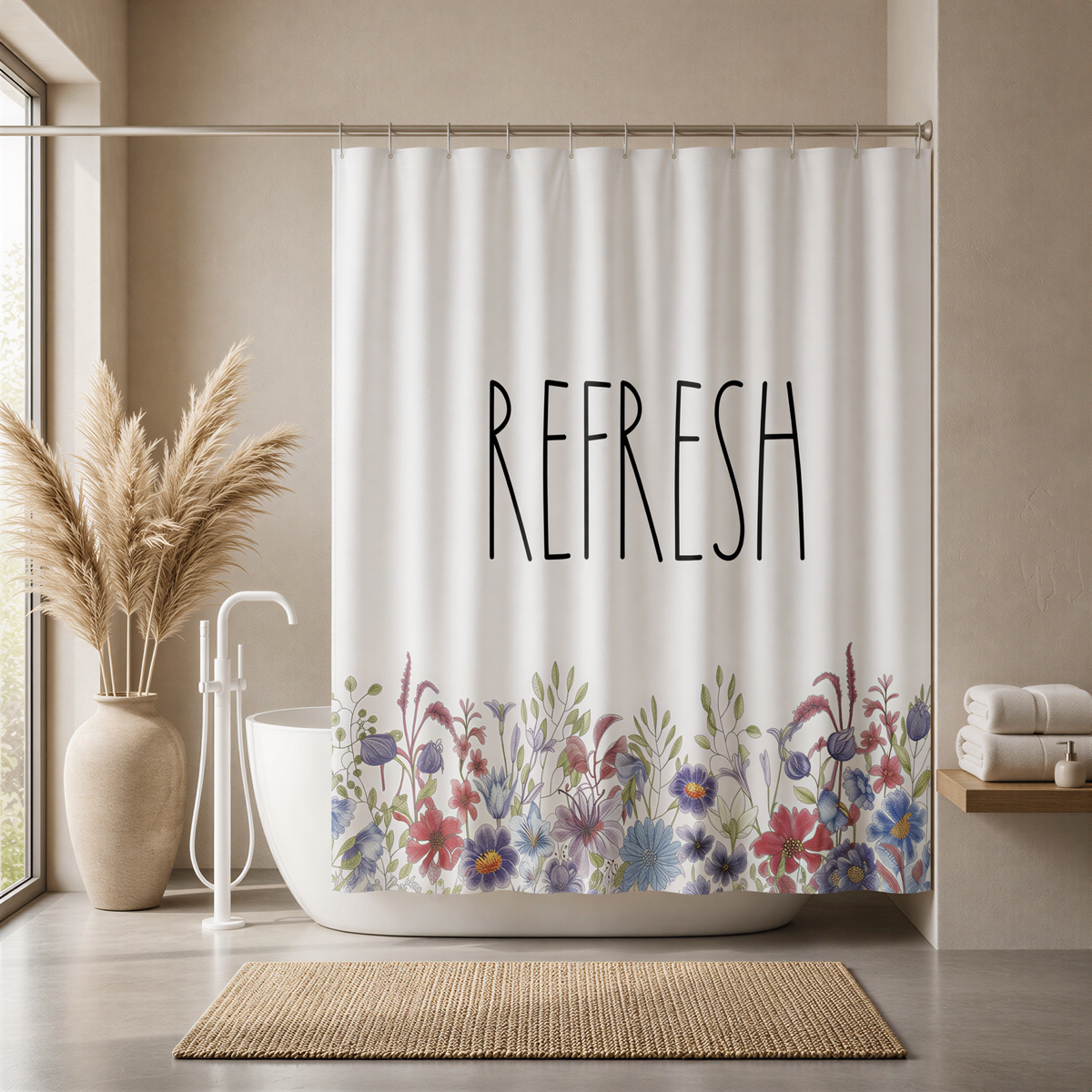 a bathroom with a shower curtain that has a floral design and the word "REFRESH" printed on it. The shower curtain is hanging in front of a bathtub, and there is a vase of dried flowers on the windowsill. The overall color scheme of the bathroom is neutral, with a beige color palette.
