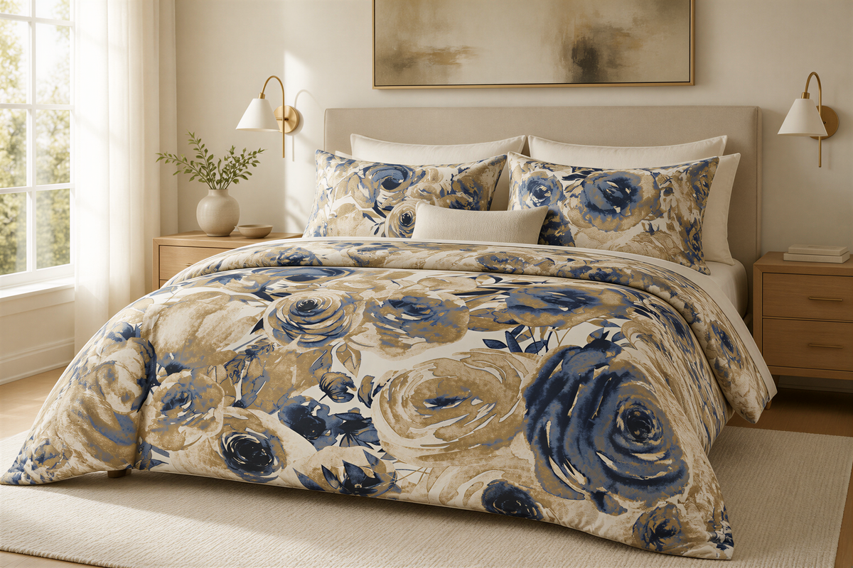 a bedroom with a large bed covered in a floral comforter and pillows. The bed is positioned against a wall with a window, and there are two nightstands with lamps on them. The room has a neutral color scheme with a floral pattern on the bedding.