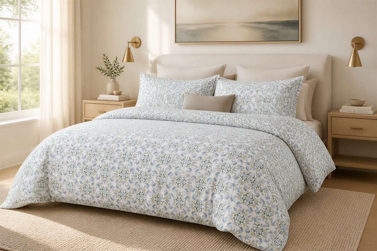 a serene and well-lit bedroom with a large bed adorned with a patterned comforter and pillows. The bed is positioned in front of a window, allowing natural light to fill the room. The room also features a painting on the wall and two lamps on either side of the bed, creating a cozy and inviting atmosphere.
