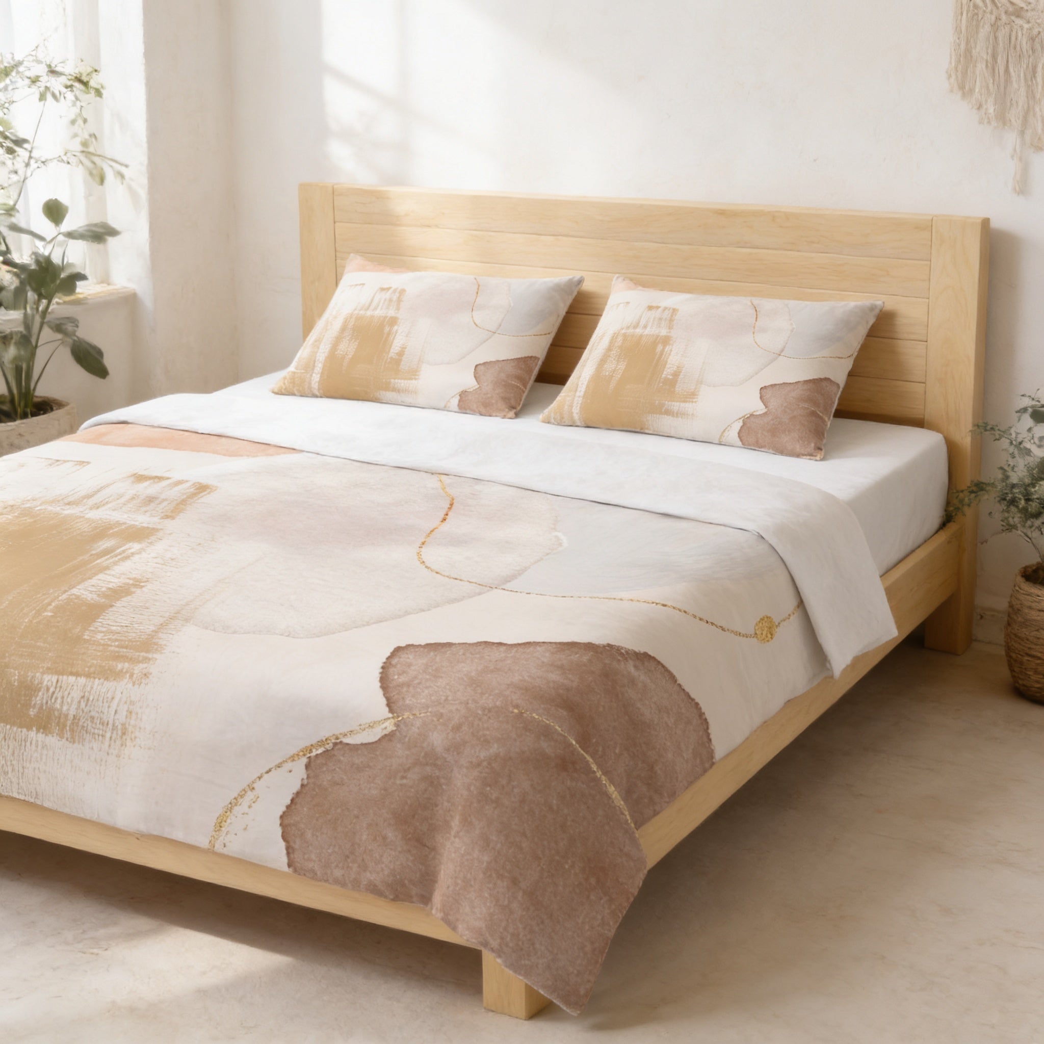 a modern bedroom with a wooden bed frame and a white and beige abstract patterned comforter. The room has a minimalist and clean design, with a potted plant and a window providing natural light.