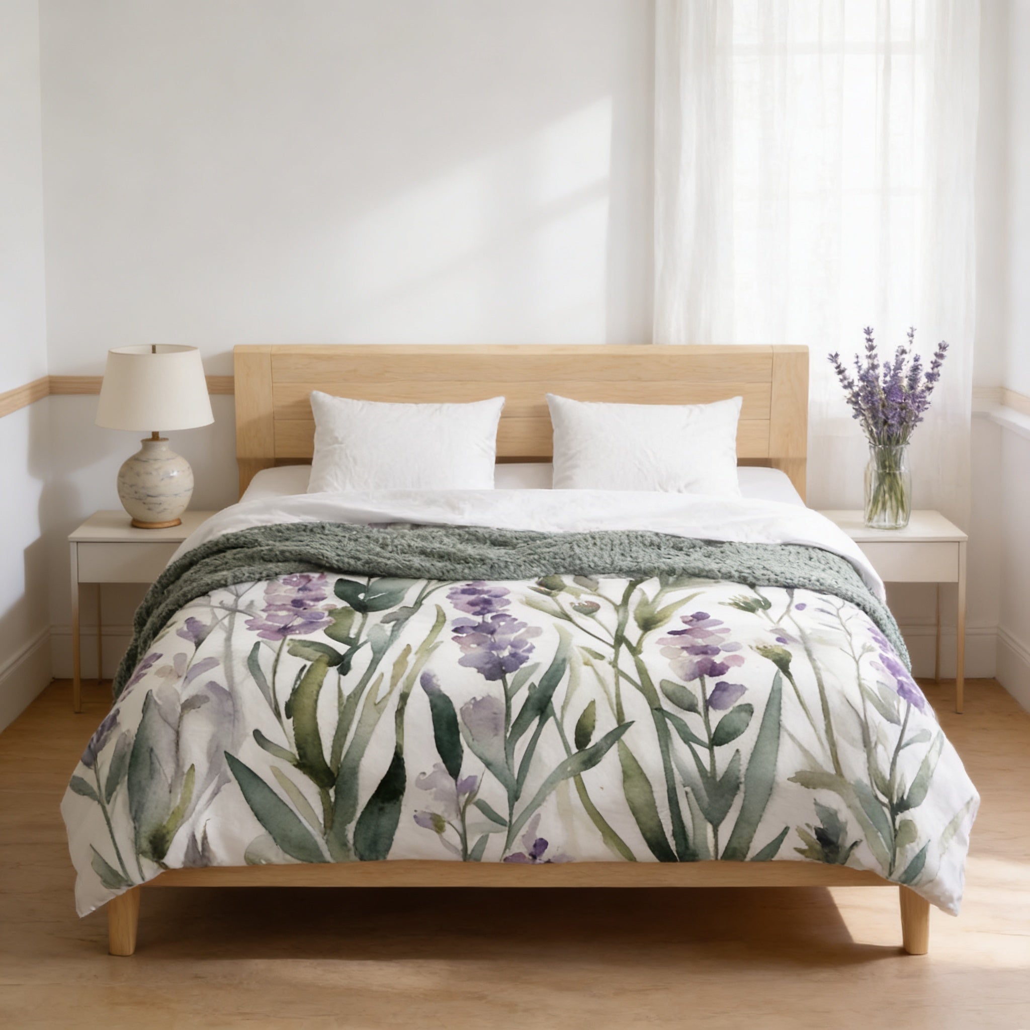 a serene and cozy bedroom with a large bed adorned with a floral comforter and pillows. The bed is positioned against a white wall, and a nightstand with a lamp is placed next to it. A vase of purple flowers is also present on the nightstand, adding a touch of natural beauty to the room.