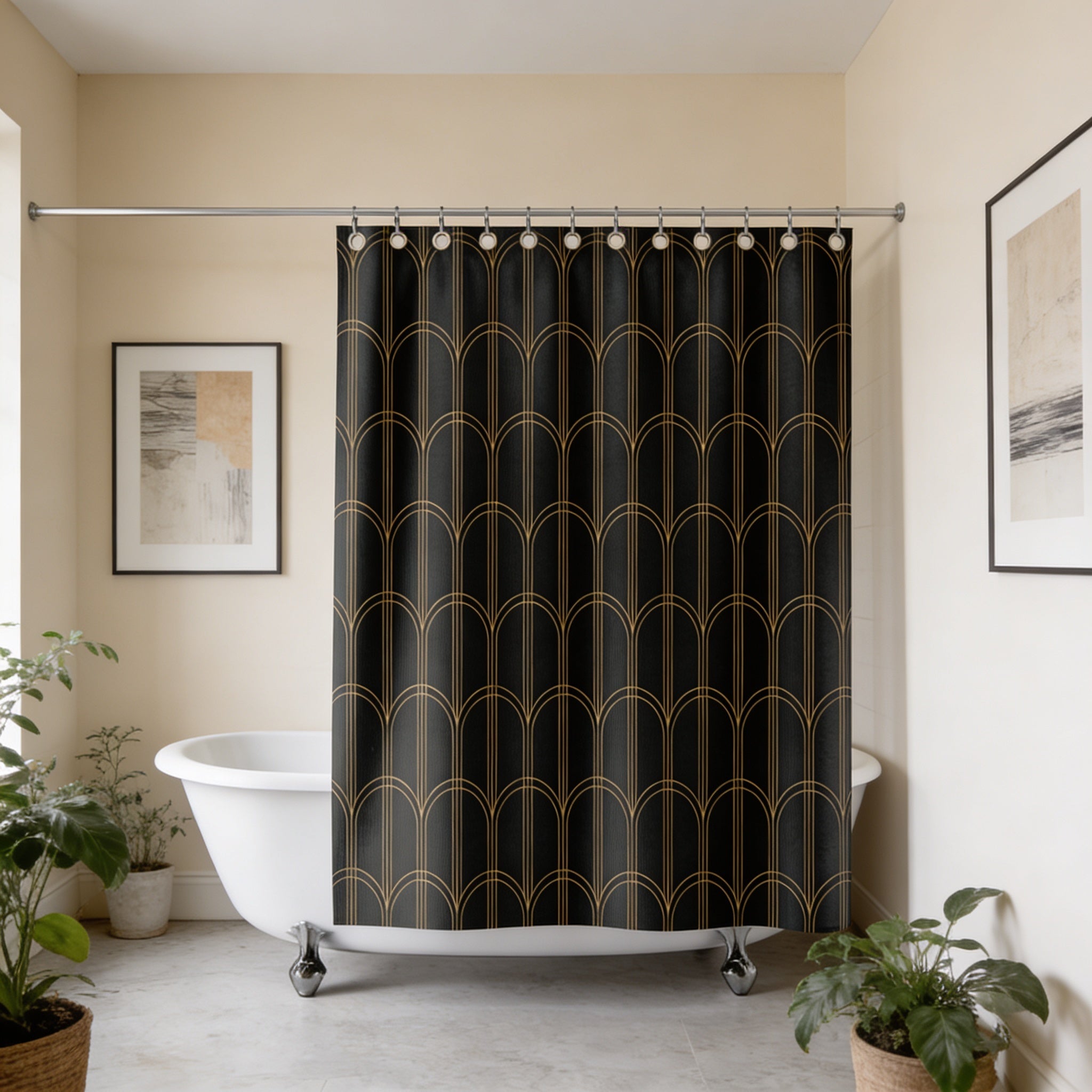 a bathroom with a white bathtub, a black and gold patterned shower curtain, and two potted plants. The bathroom has a neutral color scheme with beige walls and a white floor.