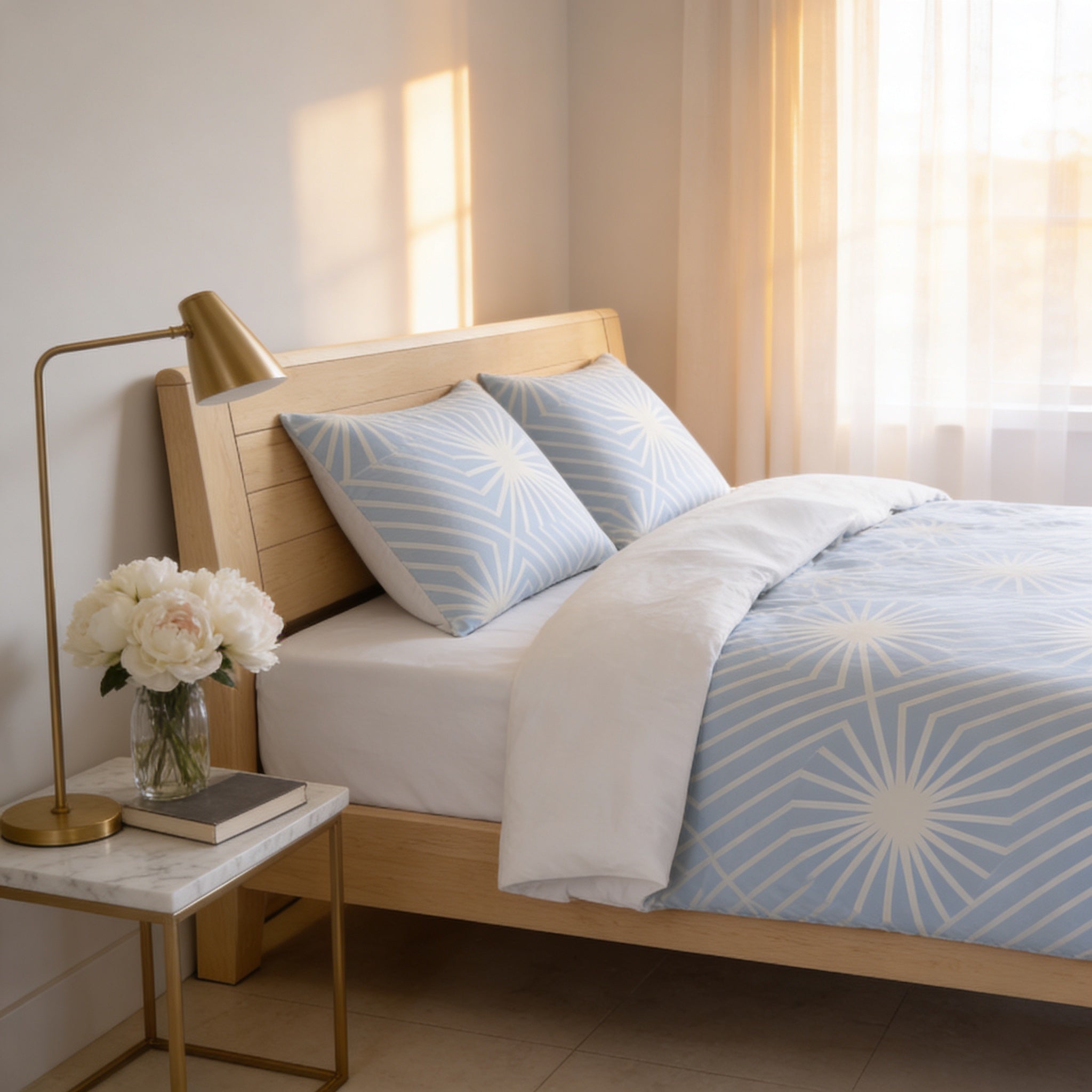 A cozy bedroom with a wooden bed frame, a nightstand with a lamp and a vase of white flowers, and a window with sheer curtains.