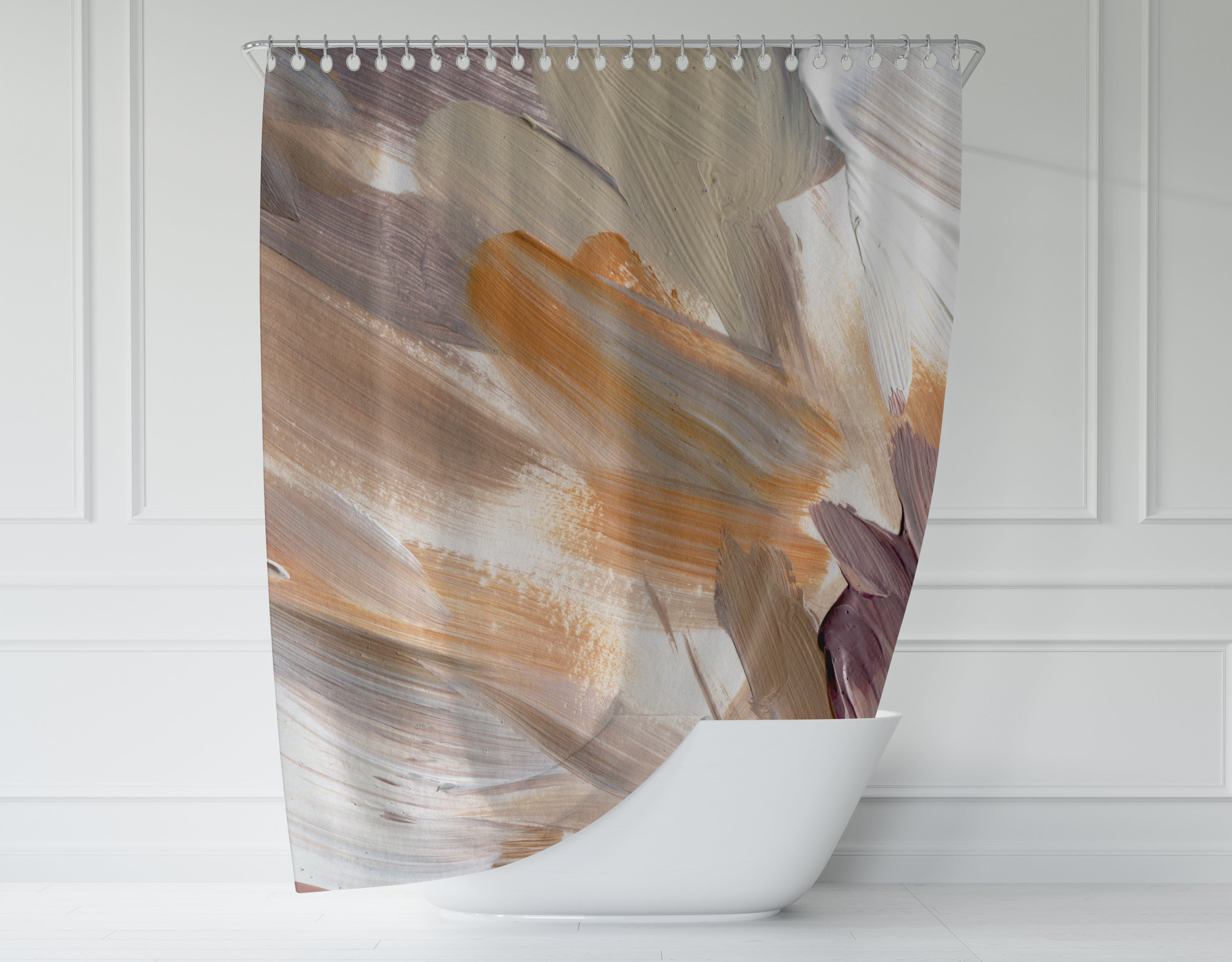 a shower curtain with a painting on it