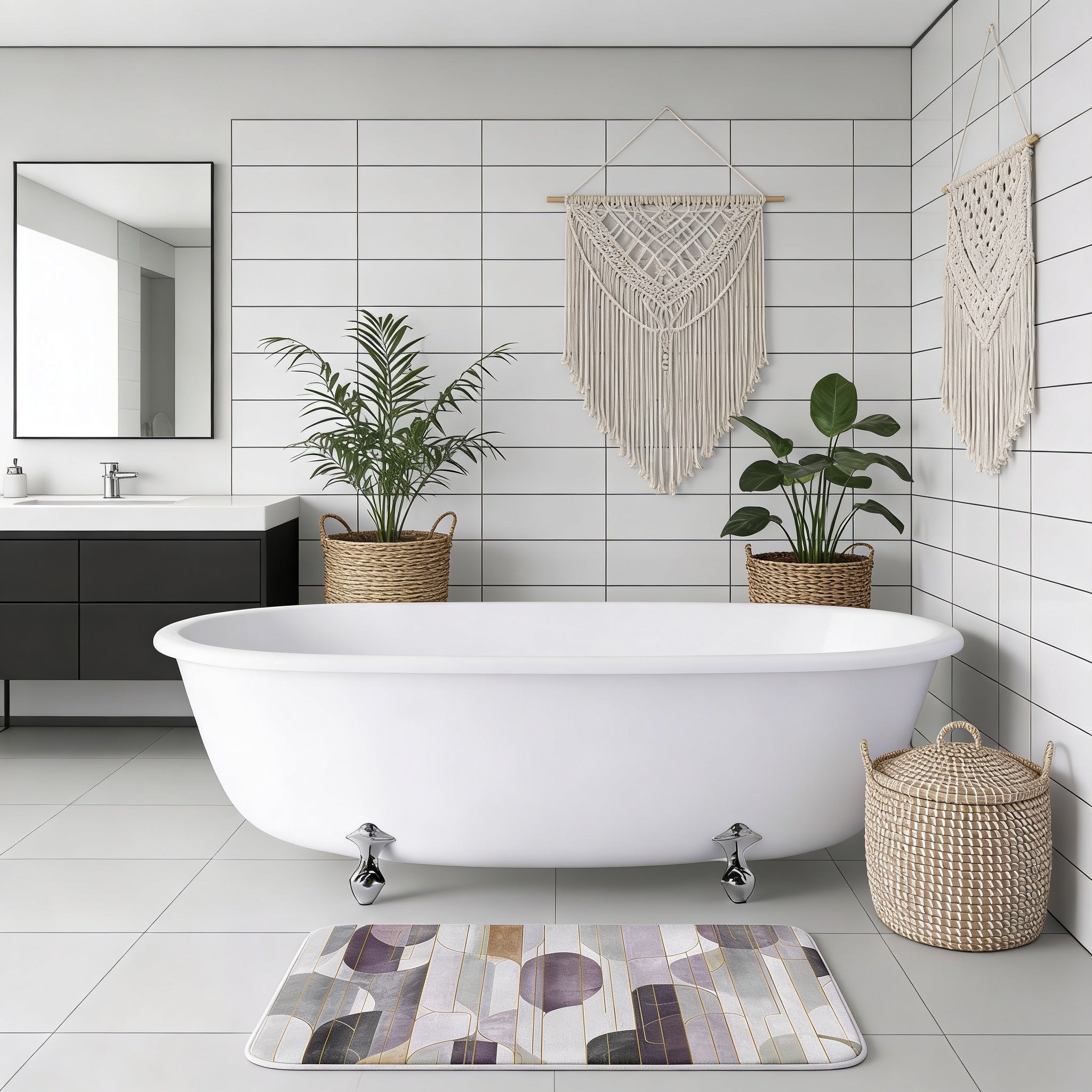 a modern bathroom with a large white freestanding bathtub, a mirror, and two potted plants. The walls are covered in white tiles, and there are two woven baskets on the floor. The overall design and decor create a clean and minimalist aesthetic.