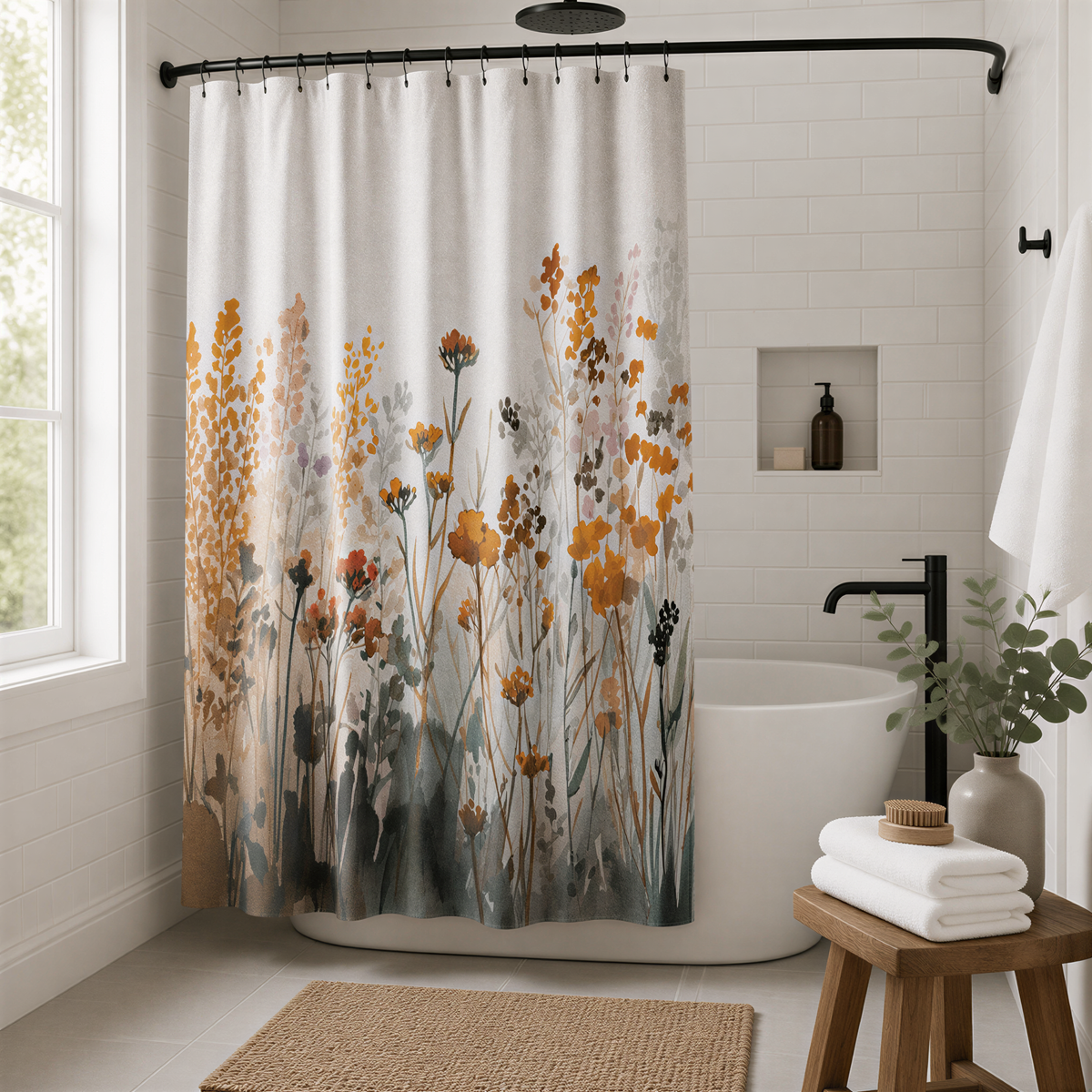 a bathroom with a shower curtain featuring a floral pattern in shades of orange and green. The shower is located in the corner of the room, and there is a wooden stool nearby. The bathroom also includes a sink and a window, creating a cozy and inviting atmosphere.