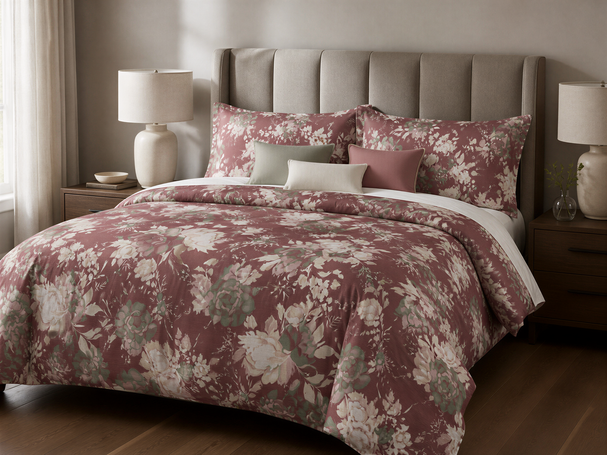 a bedroom with a large bed covered in a floral comforter and pillows. The bed is positioned against a wall with a headboard. There are two lamps on either side of the bed, providing lighting for the room. The overall color scheme of the room is neutral, with the floral comforter and pillows adding a touch of color and pattern.