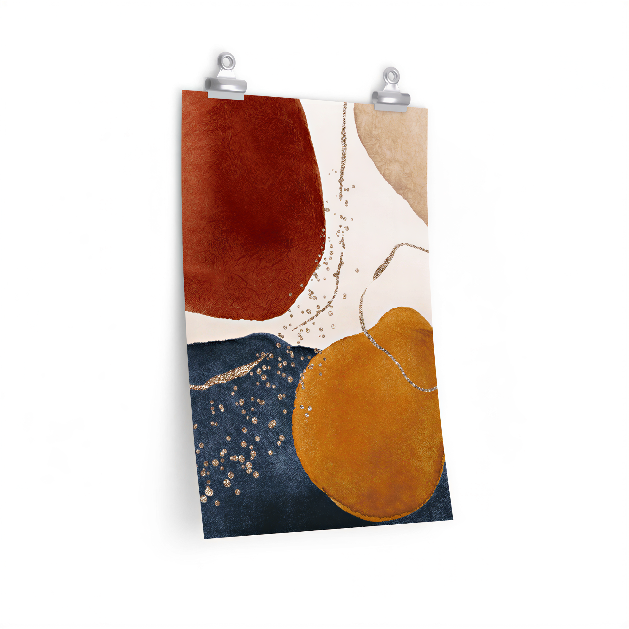 Navy Rust Beige Abstract Art Poster displayed in a styled living room