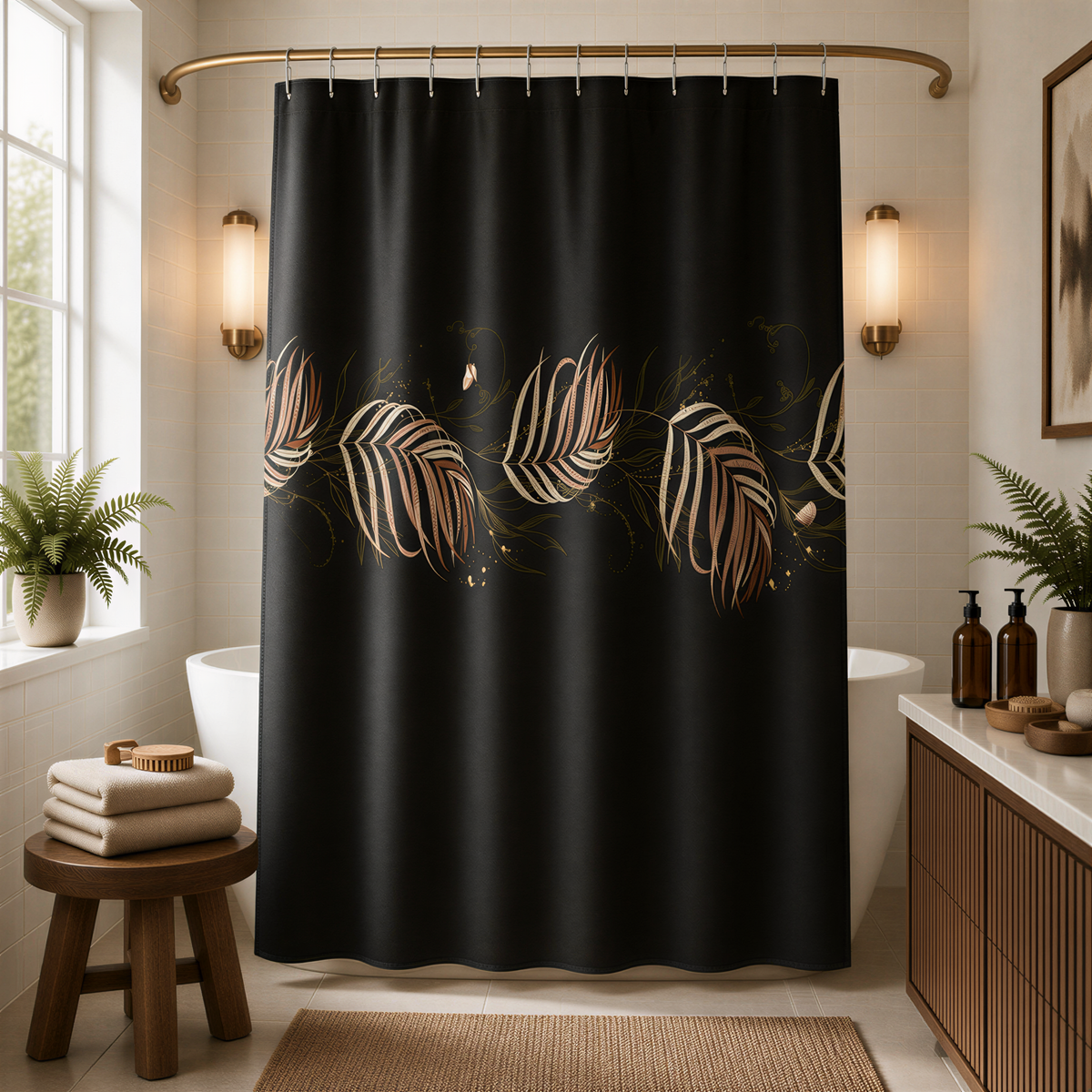 a bathroom with a black shower curtain featuring a leaf design in gold and white colors. The bathroom is well-lit, with a window and two wall sconces providing natural light. There is a wooden stool and a white bathtub in the room, along with a wooden cabinet and a potted plant.