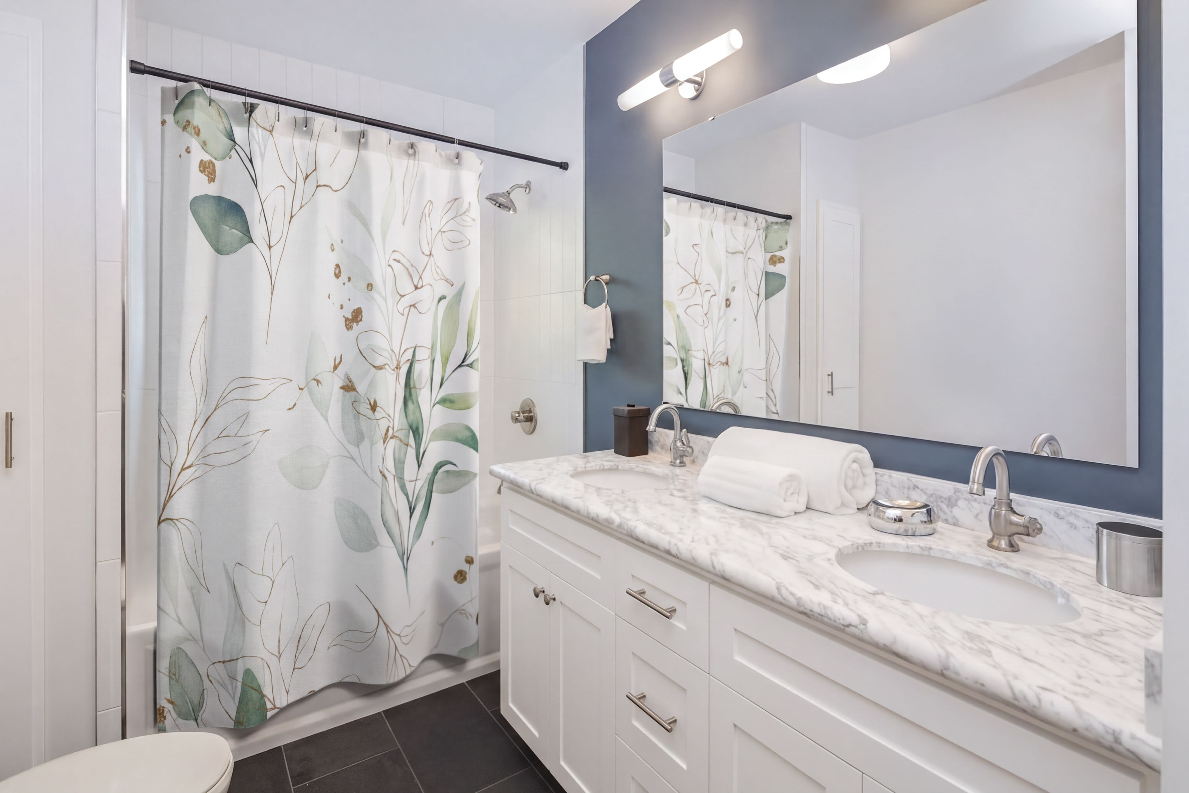 Eucalyptus Floral Shower Curtain Green White hanging in a modern bathroom