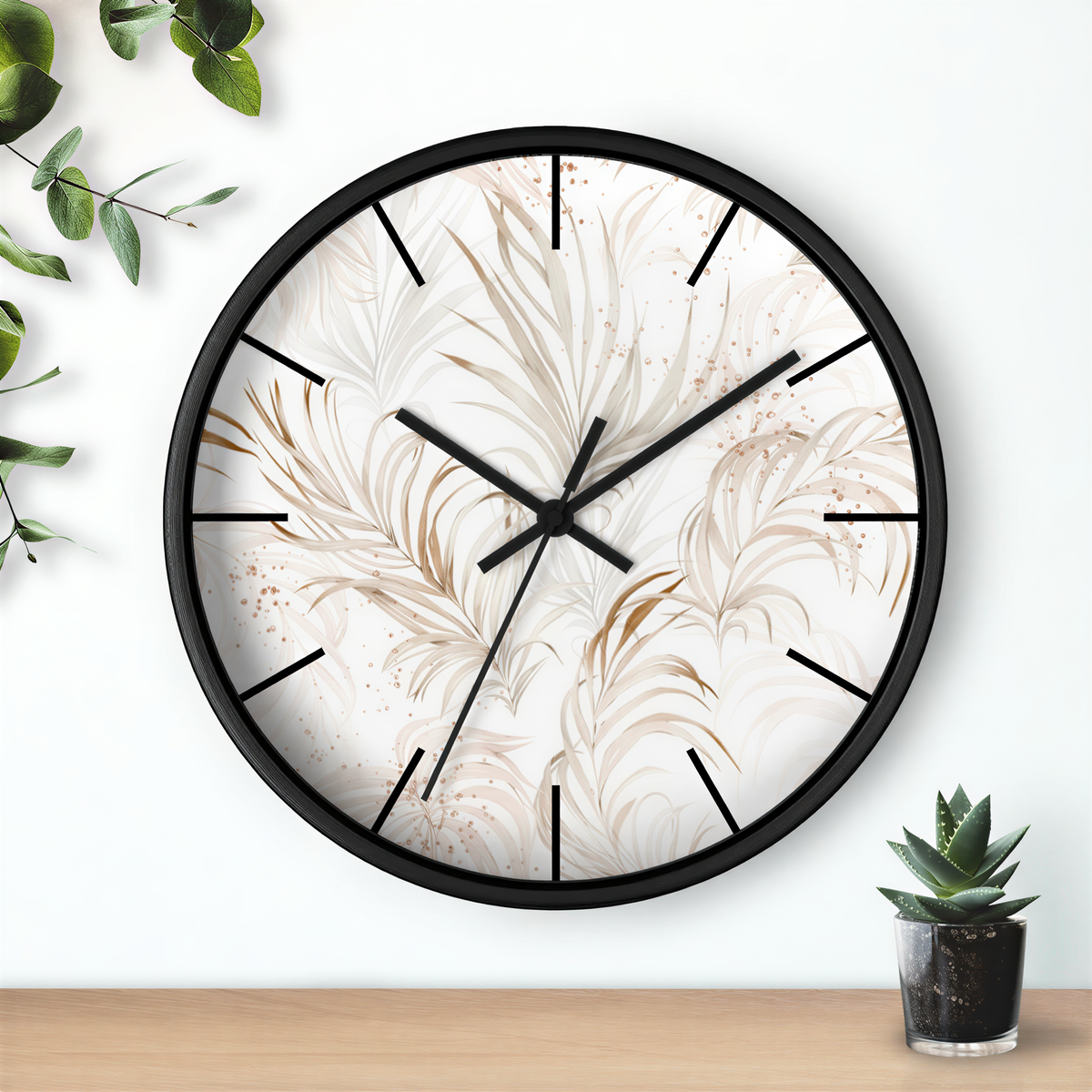 Floral Wood Wall Clock White Beige Leaves 10 inch