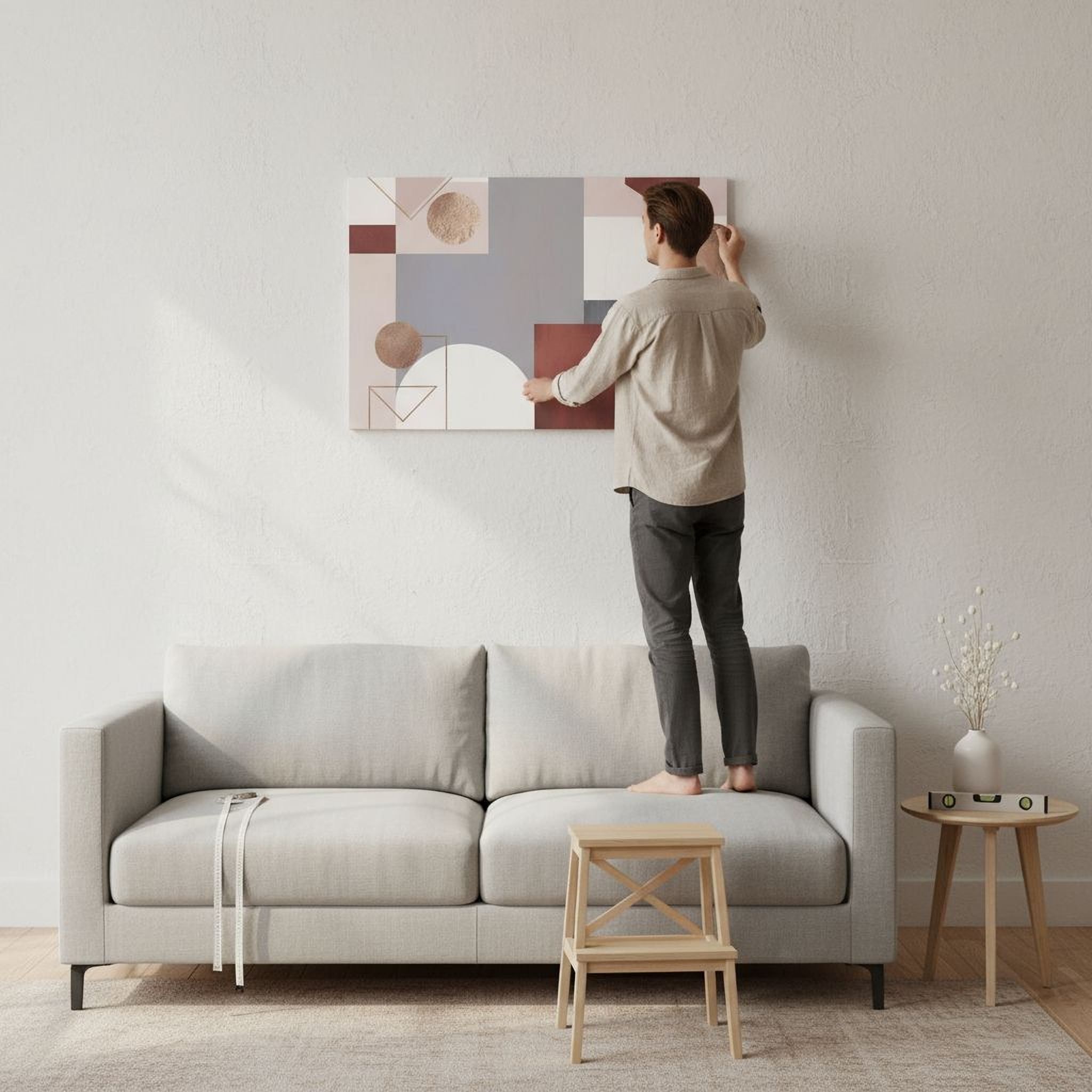 A man is standing on a couch, hanging a piece of art on a white wall in a minimalist living room setting.