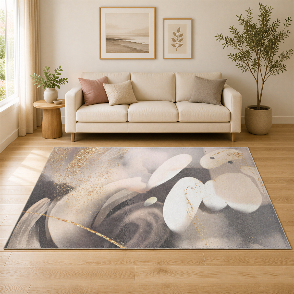 a living room with a beige sofa, a large abstract rug, and a potted plant. The room has a neutral color scheme with a touch of gold accents.