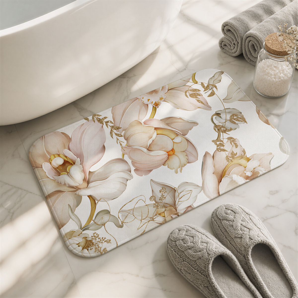 a bathroom scene with a floral patterned bath mat, a pair of slippers, and a glass jar with a cork lid.
