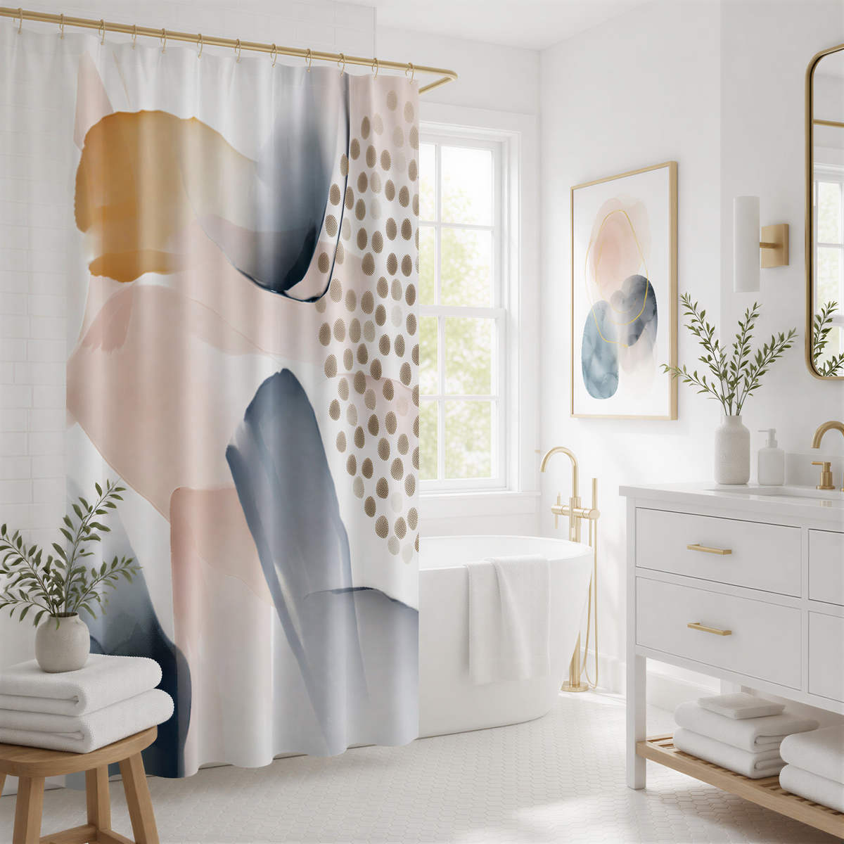 a modern and minimalist bathroom with a white color scheme, featuring a large abstract shower curtain with a mix of pink, blue, and gray colors. The bathroom also includes a white bathtub, a vanity with a mirror, and a potted plant, creating a clean and serene atmosphere.