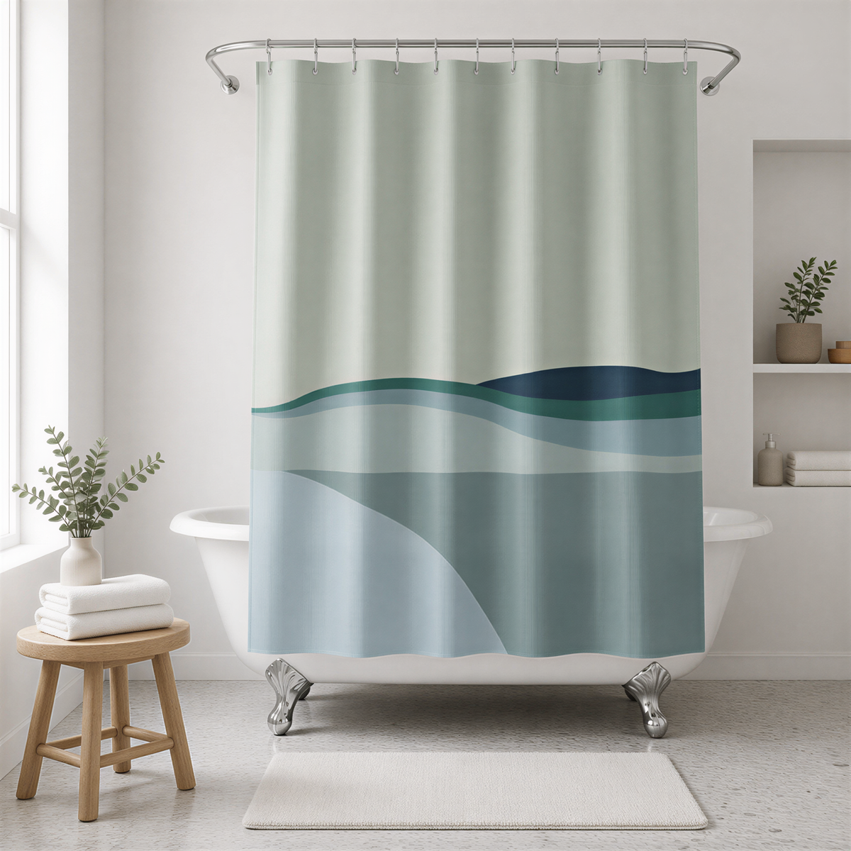 a bathroom with a white bathtub, a wooden stool, and a shower curtain with a seascape design.