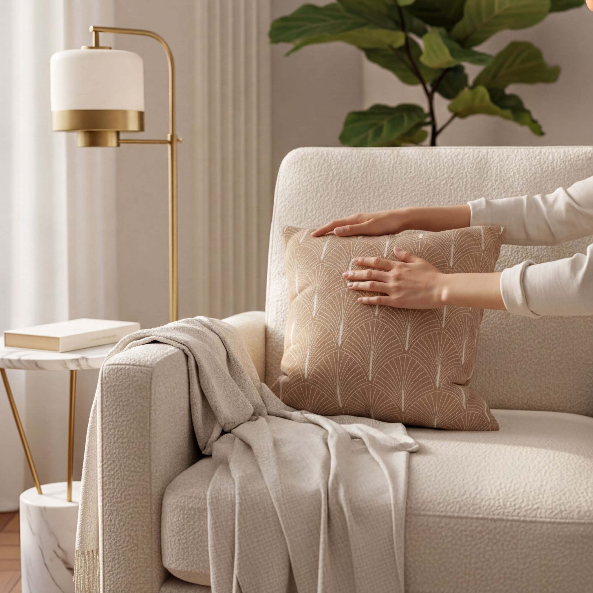 A person is sitting on a white couch, placing a patterned throw pillow on it.