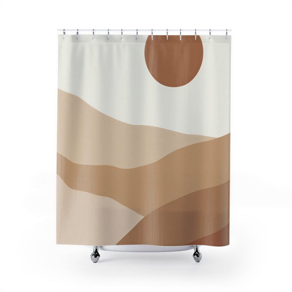 Abstract Shower Curtain Beige Moon hanging in a bathroom