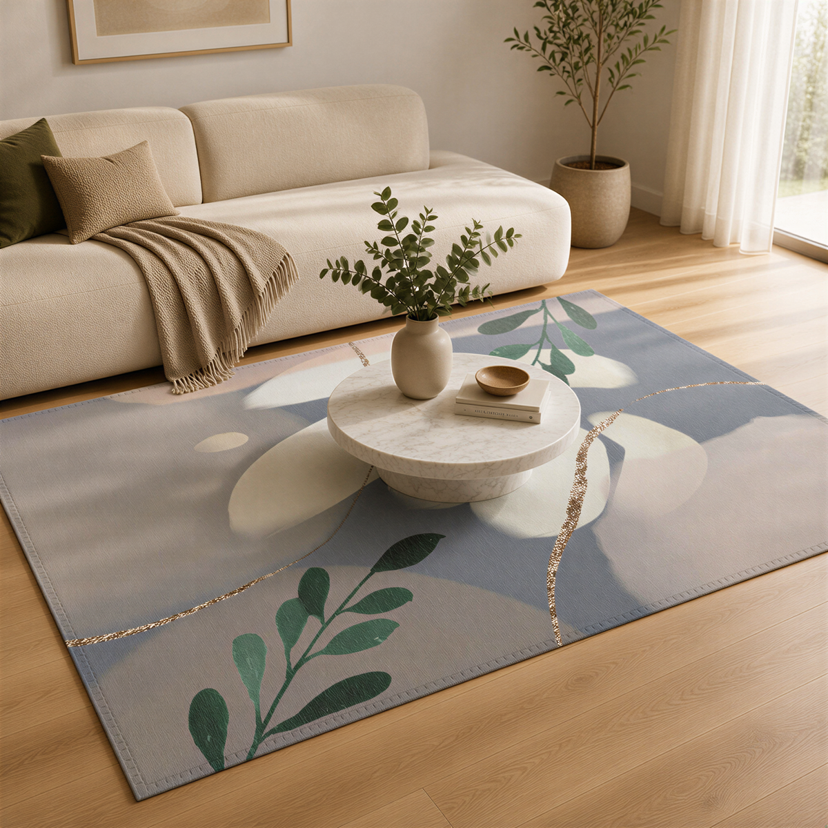 a living room with a beige sofa, a round coffee table with a vase of greenery, and a rug with a floral design.