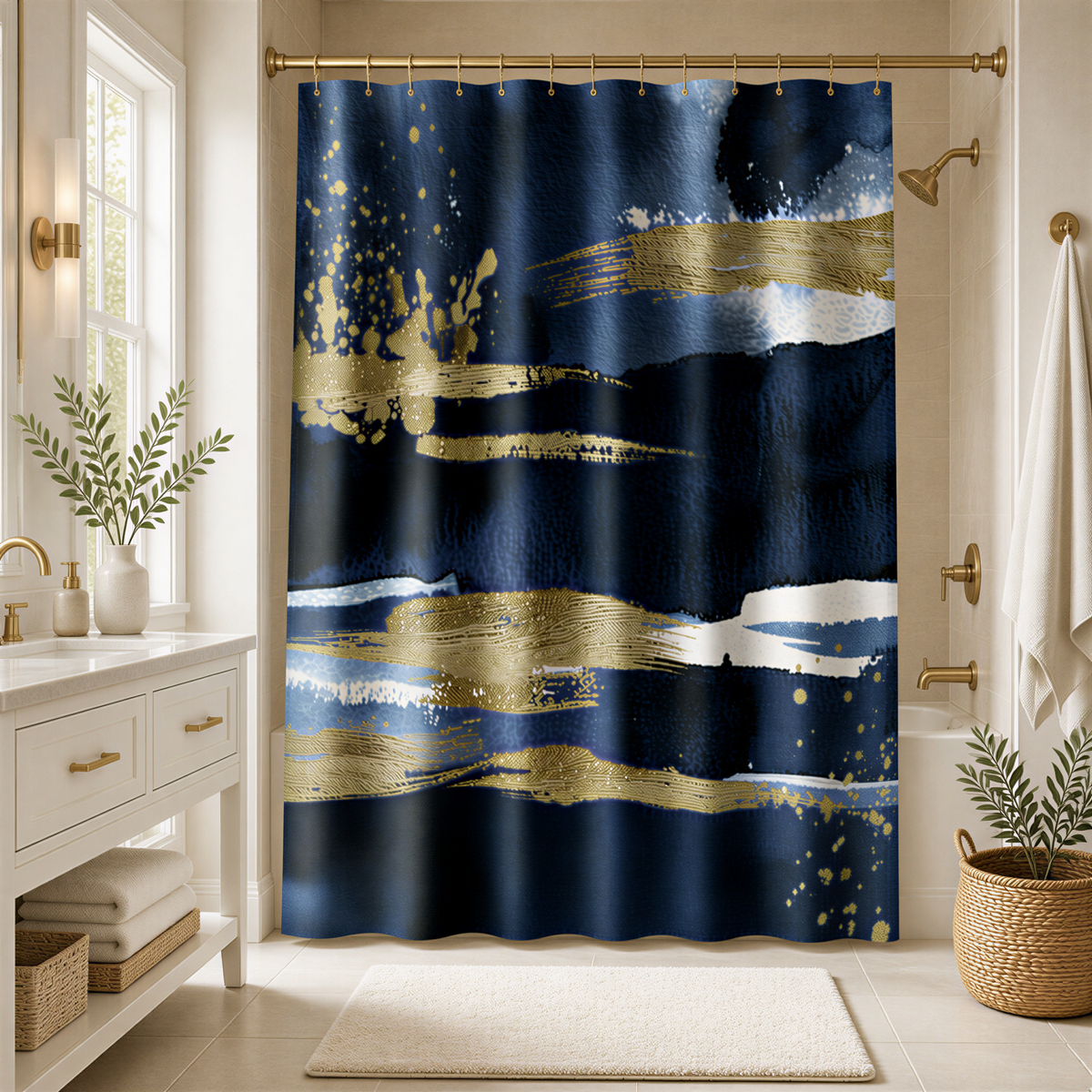 a bathroom with a large blue and gold shower curtain featuring abstract brushstrokes. The bathroom has white cabinets, a white sink, and a window. There are also some plants and decorative items in the room.