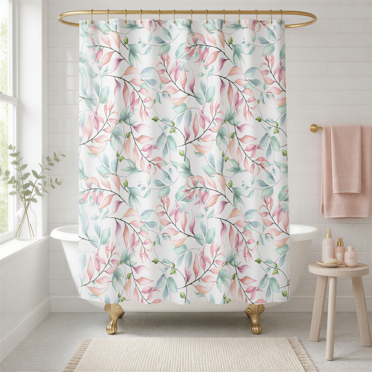 a bathroom with a white bathtub, a shower curtain with a floral pattern, and a small table with toiletries.