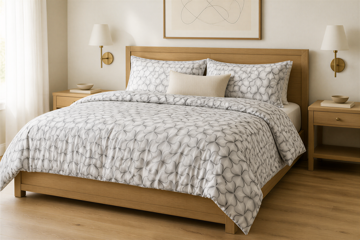 a serene and well-organized bedroom with a large bed, wooden nightstands, and a framed artwork on the wall.