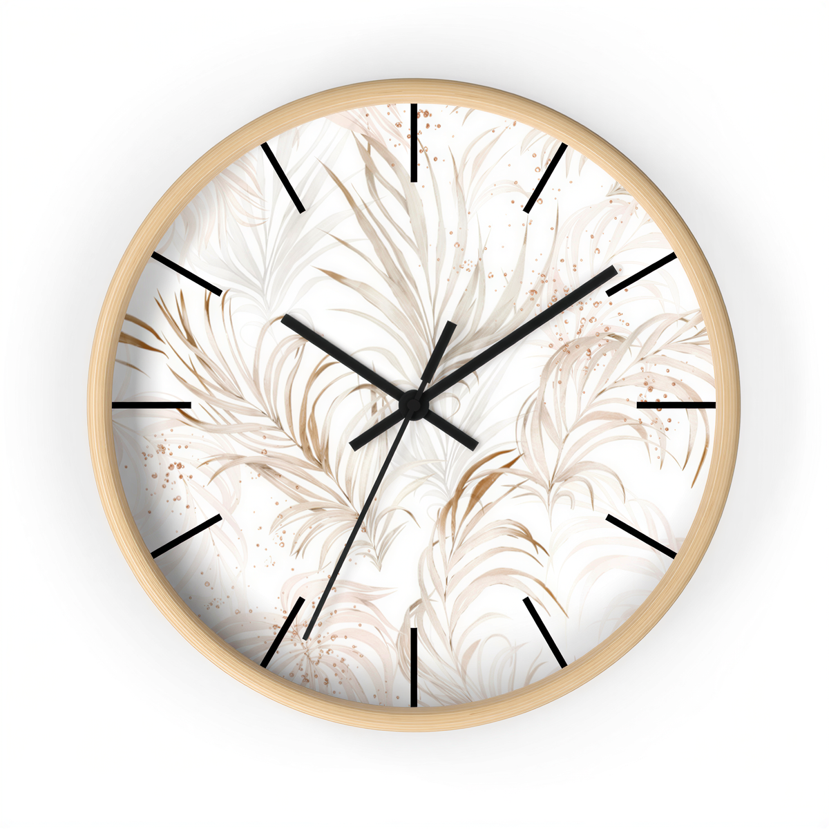 Floral Wood Wall Clock White Beige Leaves mounted in a hallway