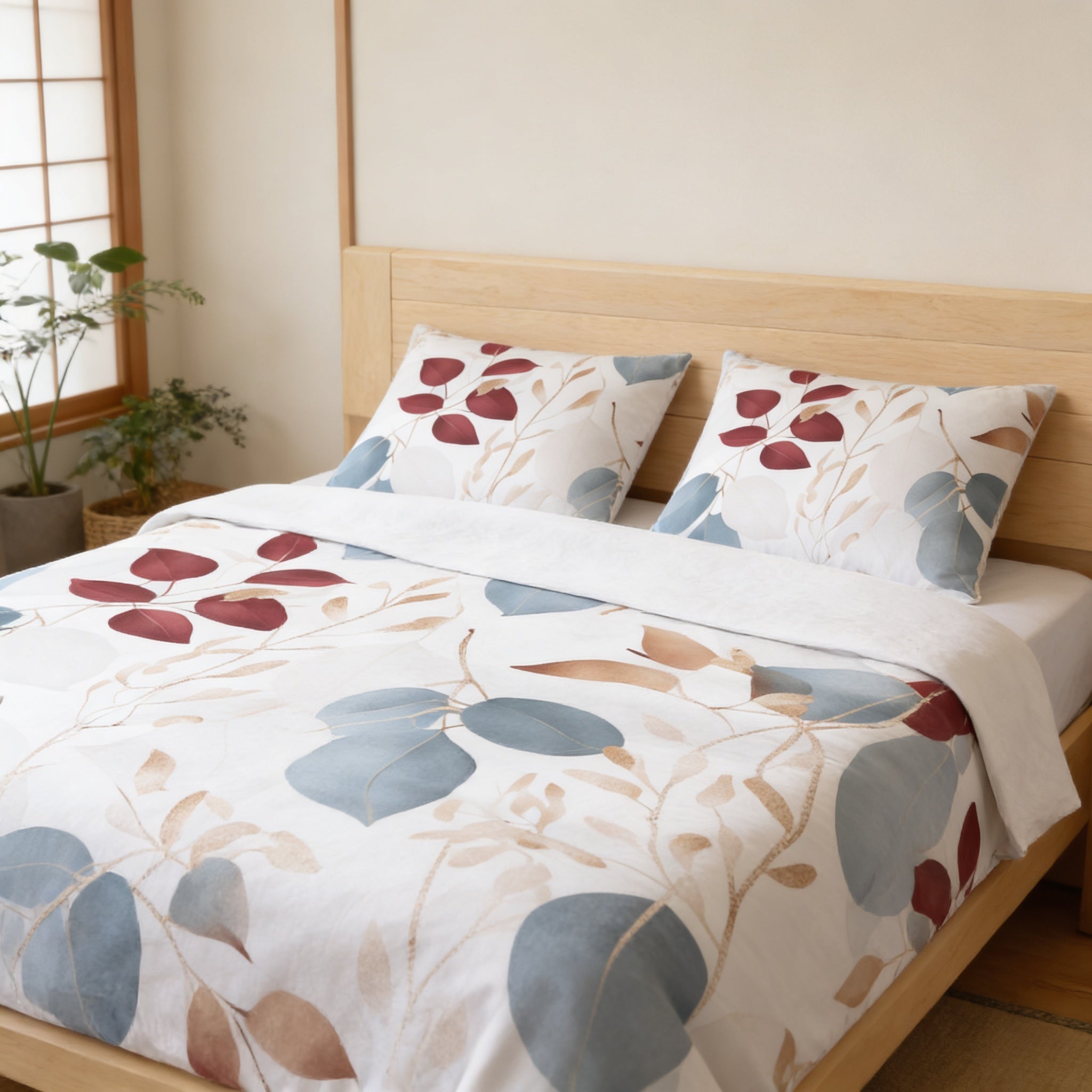 a neatly made bed with a white comforter and pillows featuring a floral pattern in shades of blue, red, and green. The bed is positioned against a wall with a window, and there is a potted plant nearby.
