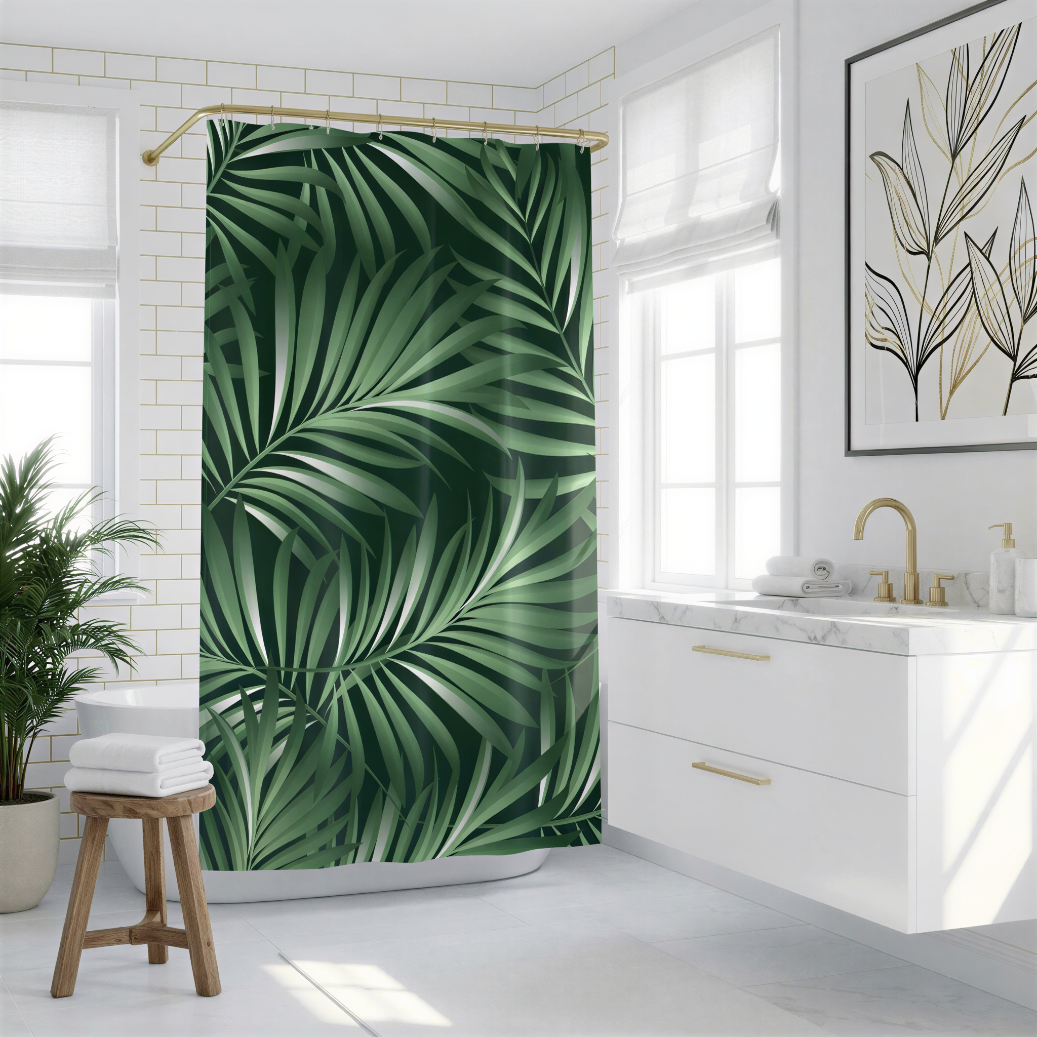 a bathroom with a large green leaf pattern shower curtain, a white sink, and a wooden stool.