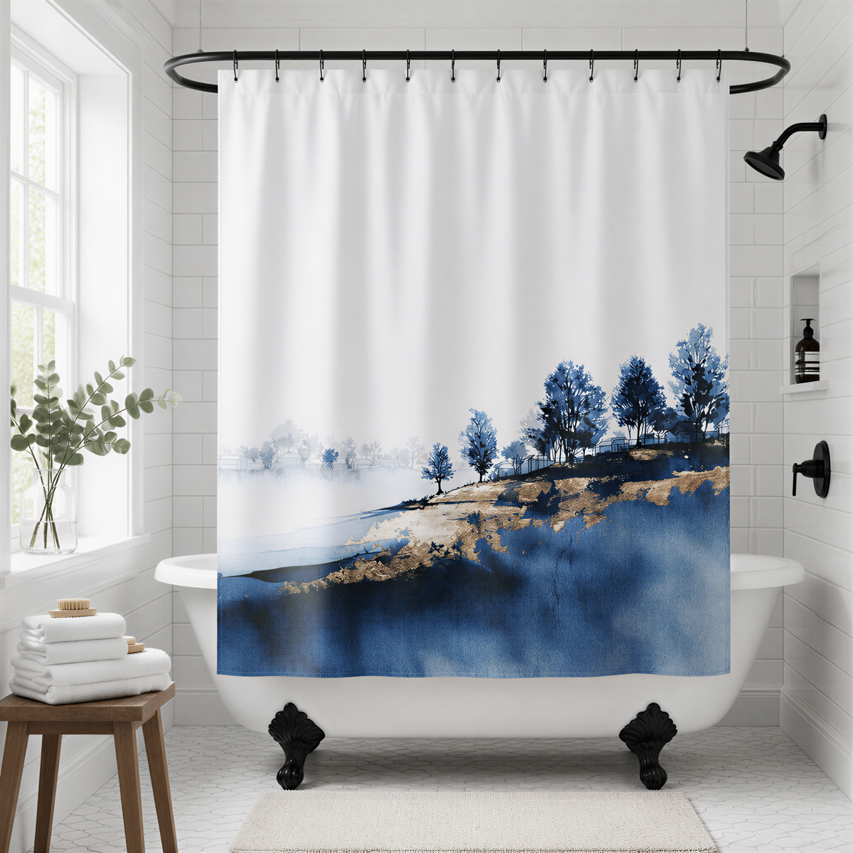 a bathroom with a white bathtub, a shower curtain with a blue and white landscape design, and a wooden stool.