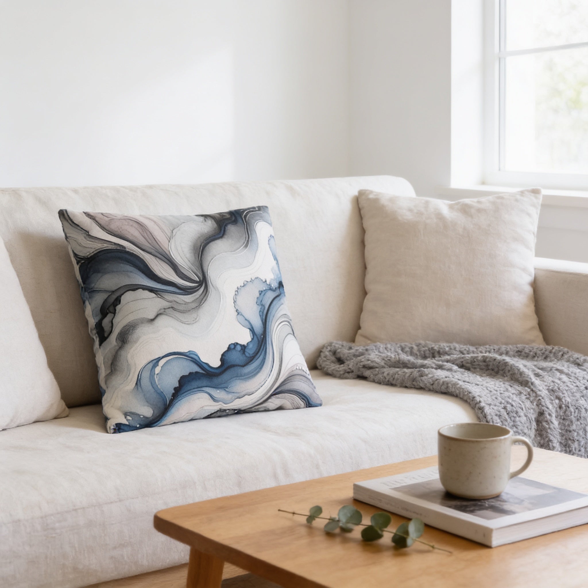 a cozy living room with a white sofa adorned with a blue and white abstract pillow, a wooden coffee table with a mug and a book, and a window letting in natural light.