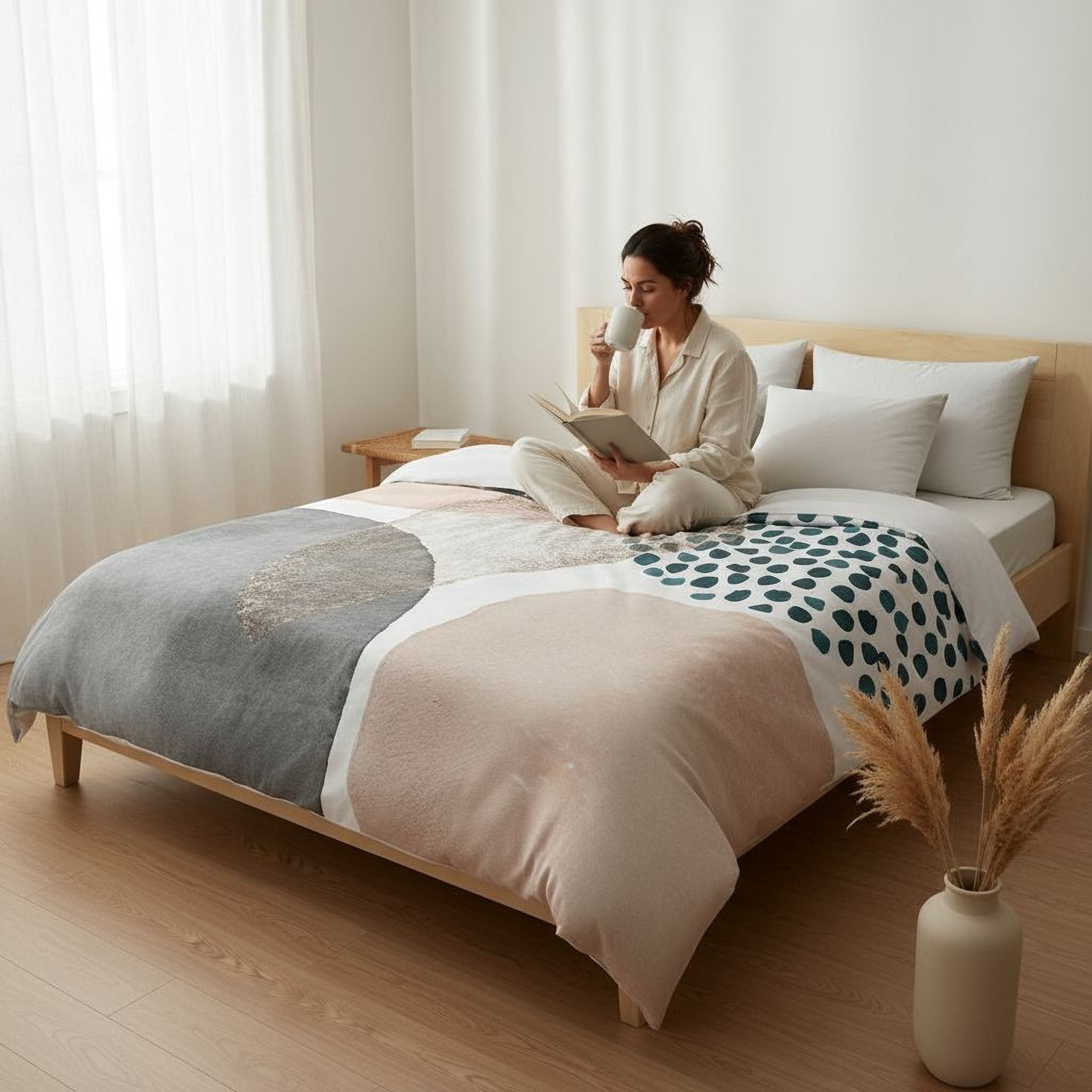A woman sits on a bed, reading a book and sipping a beverage.