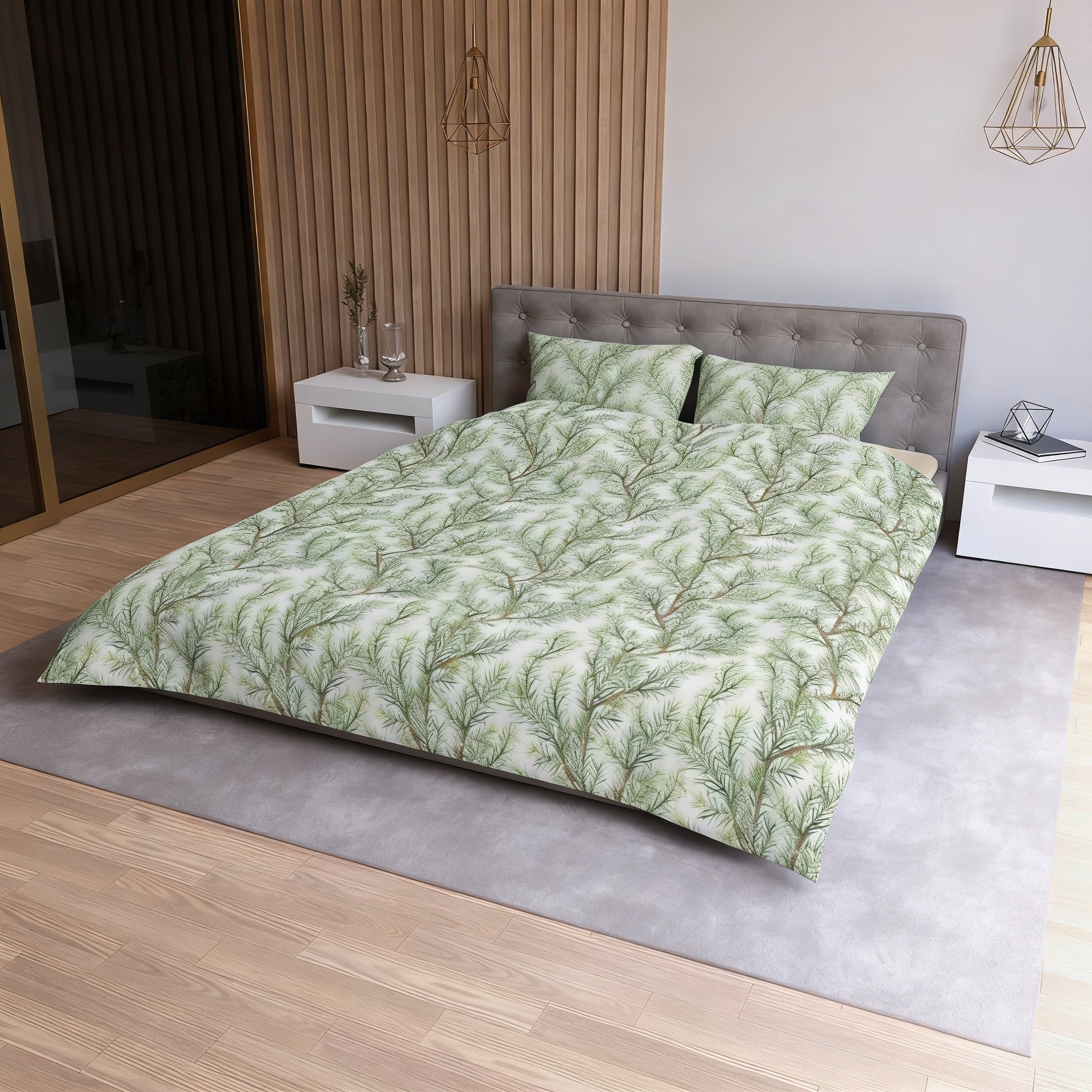 a bedroom with a large bed covered in a green and white patterned comforter. The bed is positioned against a wall with a wooden paneling. There are two nightstands on either side of the bed, and a rug is placed in front of the bed. The room has a modern and minimalist design, with a neutral color palette and clean lines.