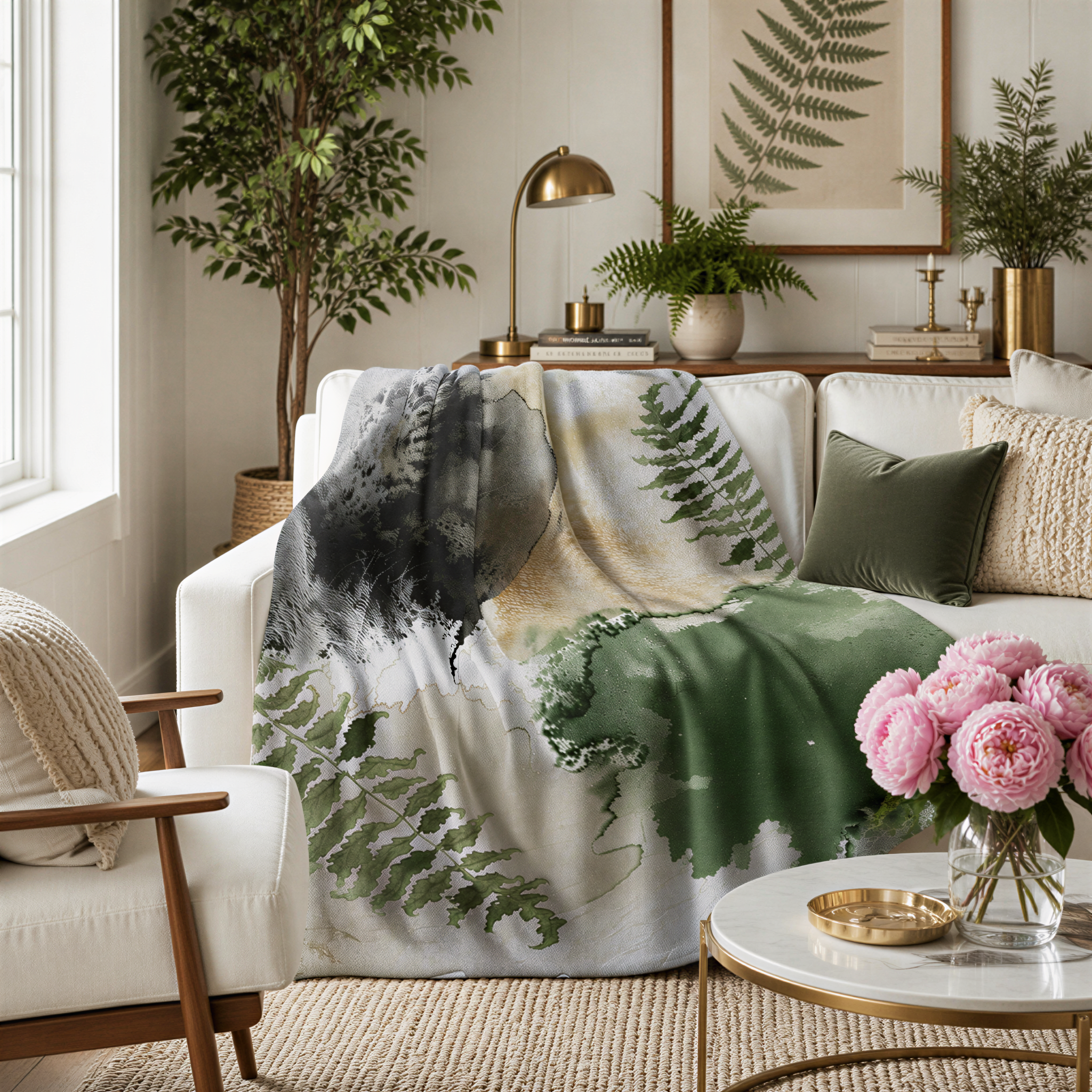 a cozy living room with a white sofa, a coffee table, and various decorative elements such as potted plants, a lamp, and a vase with flowers.