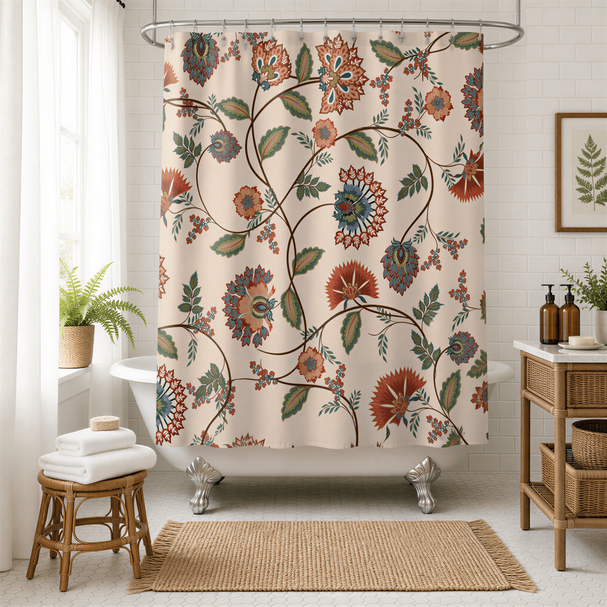 a bathroom with a floral patterned shower curtain, a white bathtub, and a wooden stool.