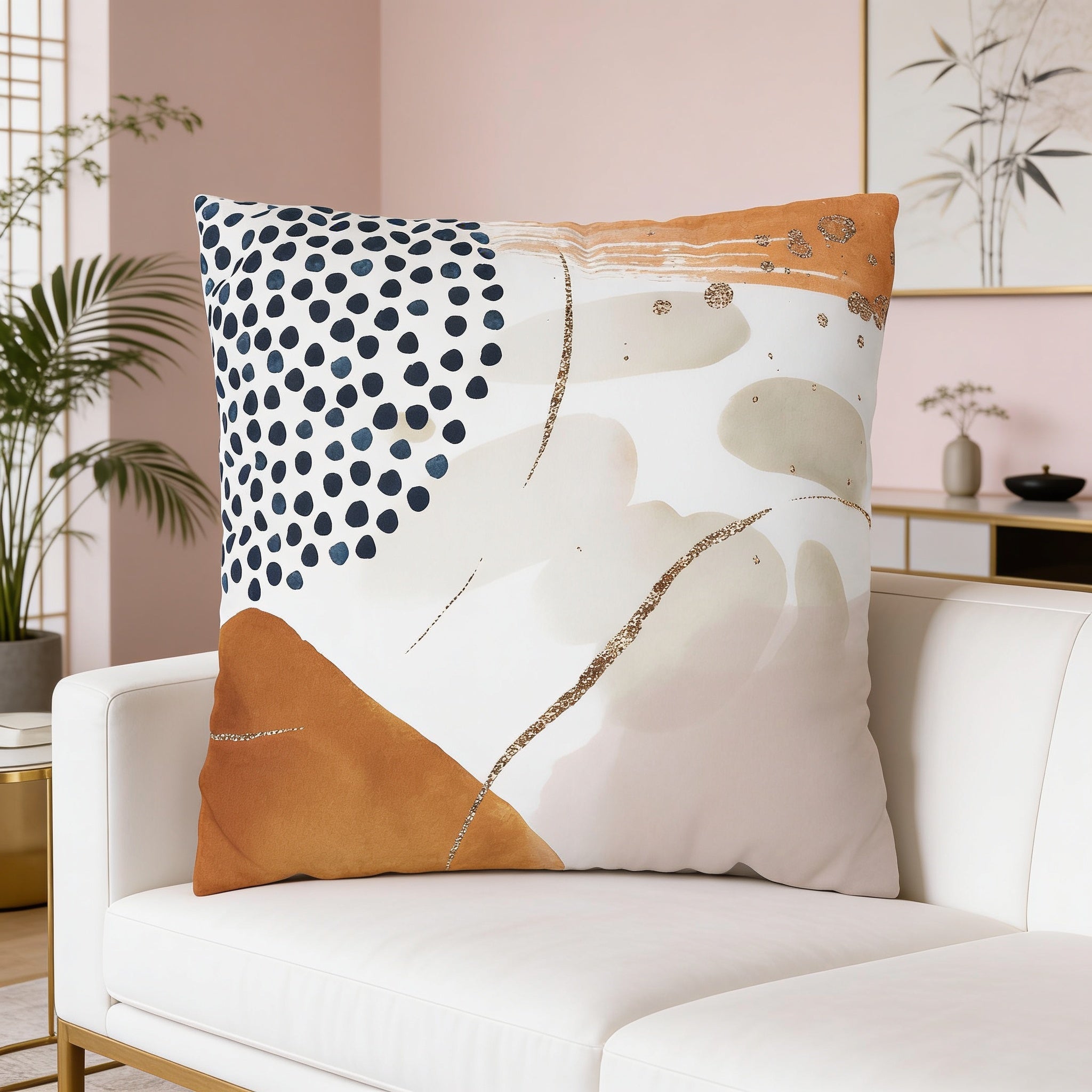 a large, square throw pillow with a bold abstract design in shades of white, orange, and black, placed on a white couch in a living room setting.