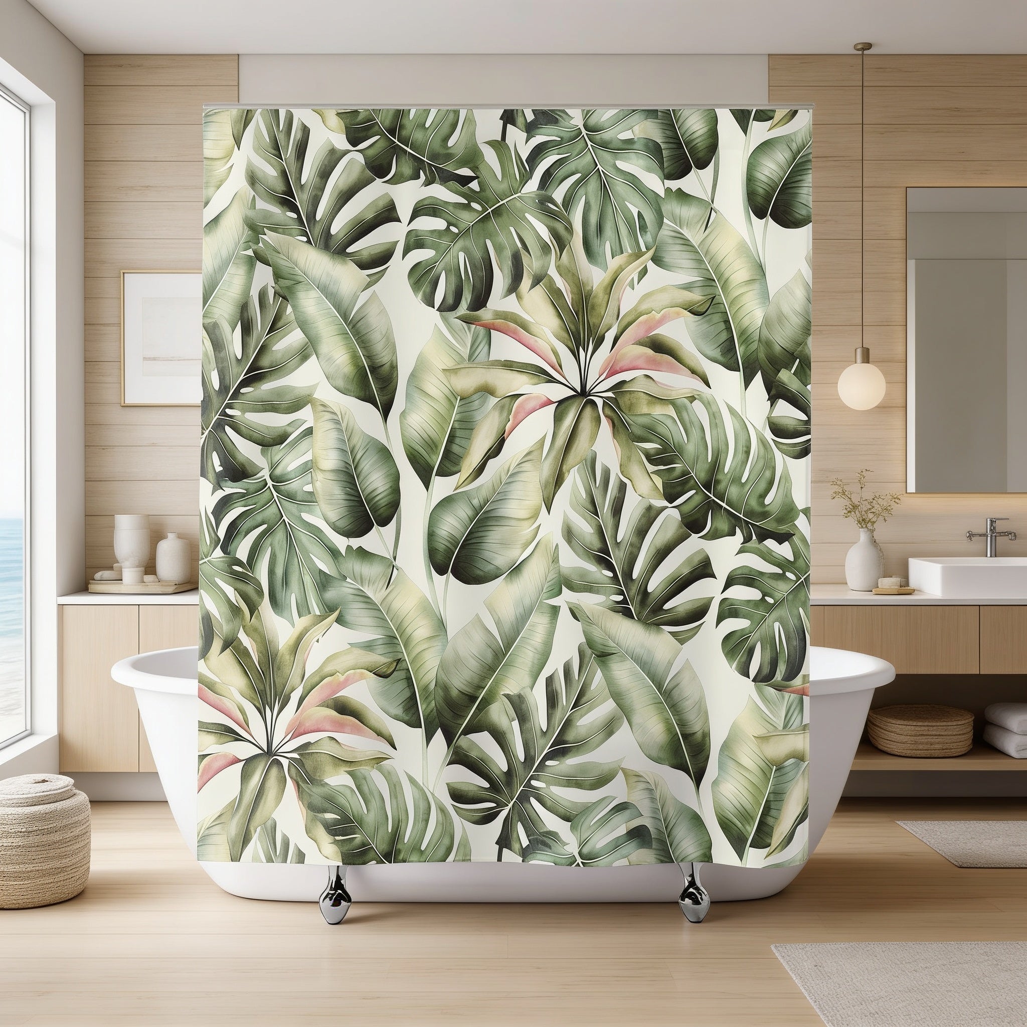 a bathroom with a large shower curtain adorned with a tropical leaf pattern in shades of green and white. The curtain is hanging in front of a white bathtub, which is situated in a room with wooden walls and a window overlooking the ocean.